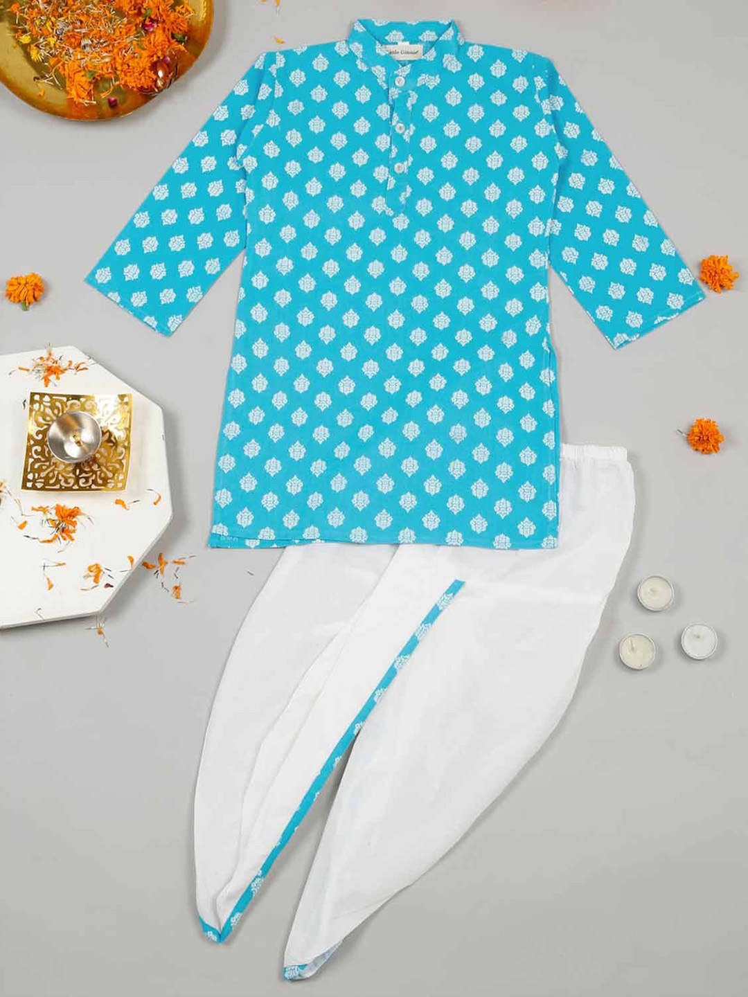 

LITTLE GINNIE Boys Ethnic Motifs Printed Kurta with Dhoti Pant, Blue