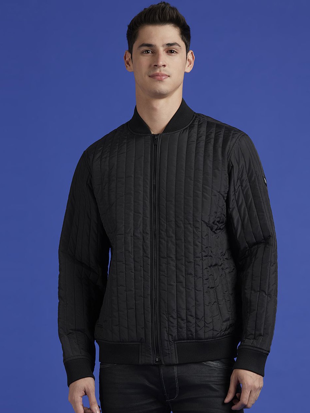 

Pepe Jeans Men Stand Collar Solid Casual Bomber Jacket, Black