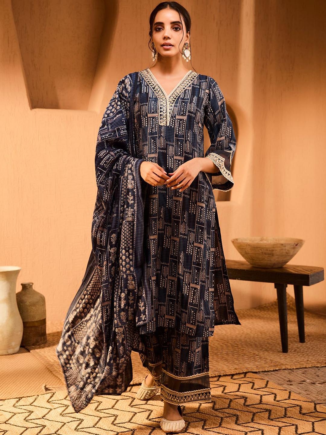 

Bani Women Ethnic Motifs Printed Straight Kurta with Palazzos & Dupatta, Blue