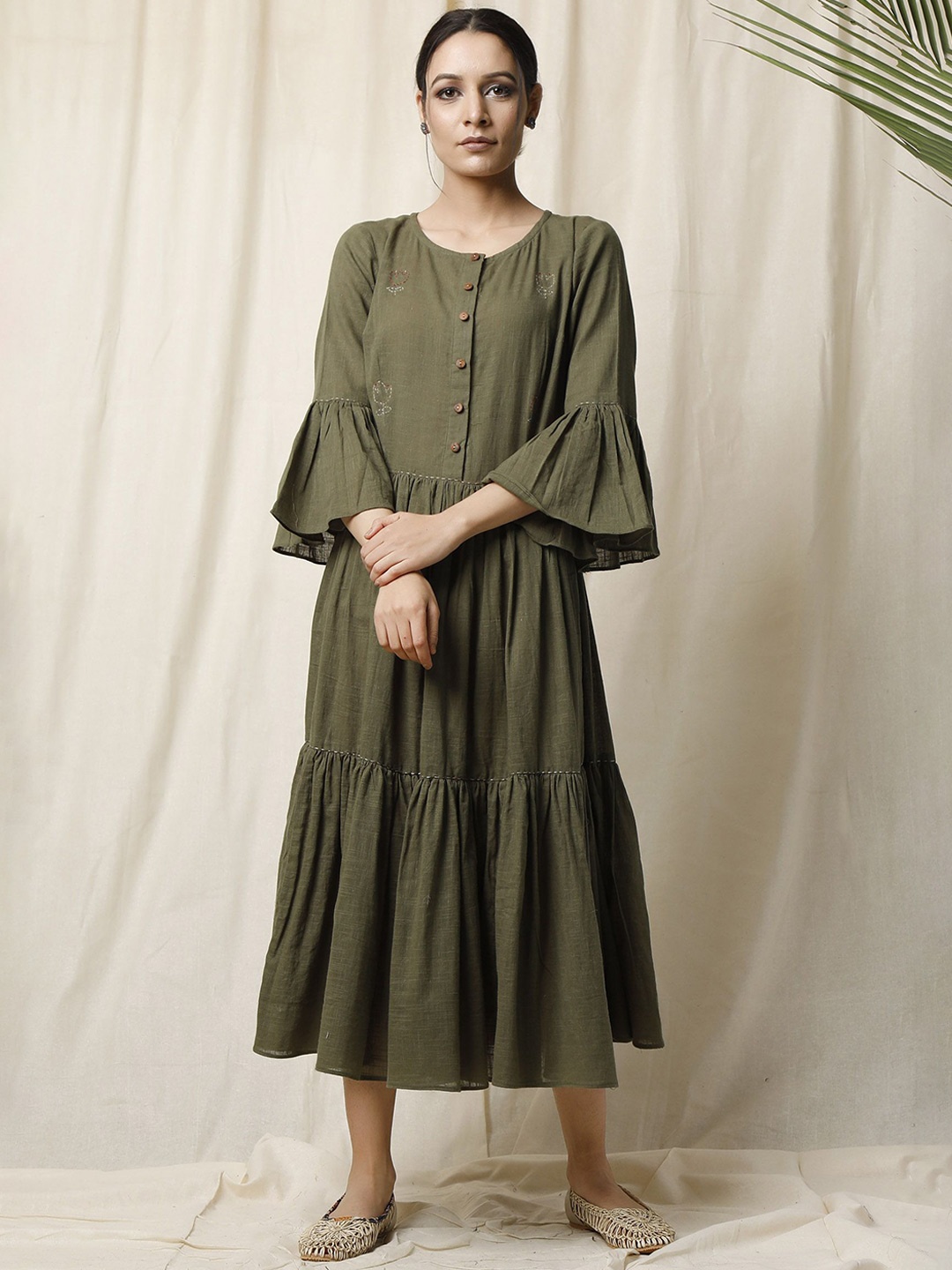 

TJORI Women Bell Sleeve Cotton A-Line Dress, Olive