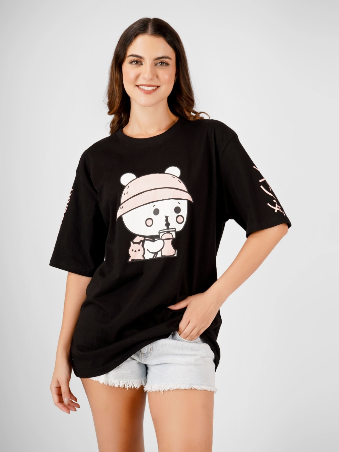

MIMID Women Graphic Printed Round Neck Cotton Oversized T-shirt, Black
