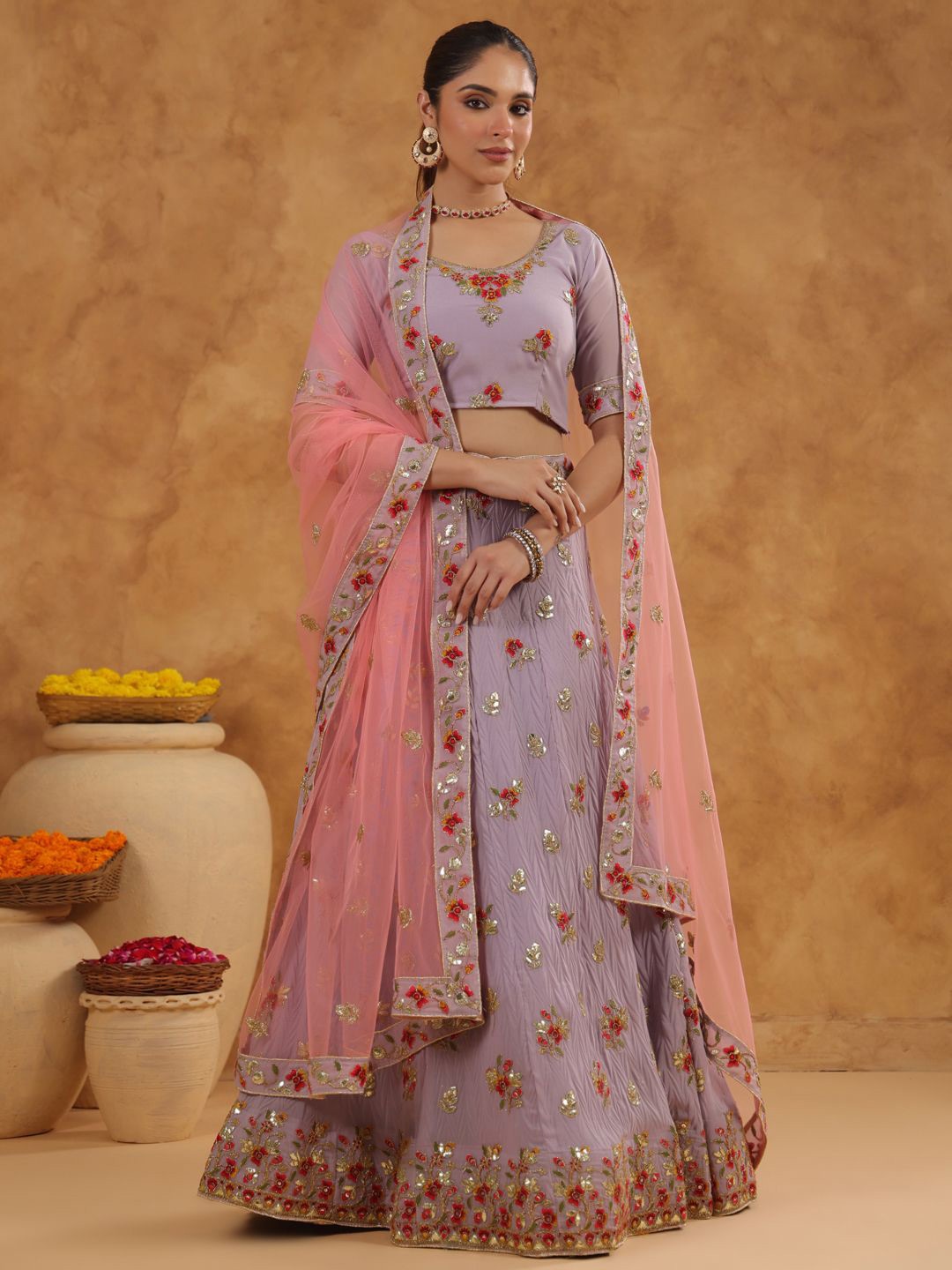 

Janasya Embroidered Mirror Work Semi-Stitched Lehenga & Unstitched Blouse With Dupatta, Lavender