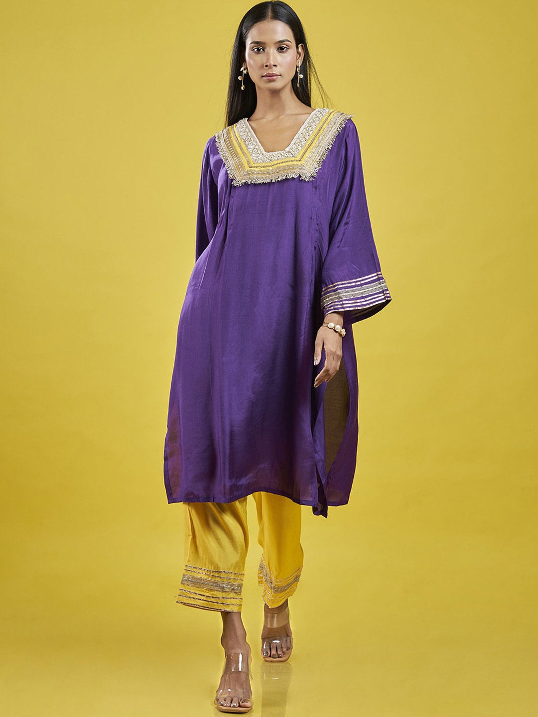 

ISHKIYA Square Neck Long Sleeves Pure Silk Top & Trouser, Purple