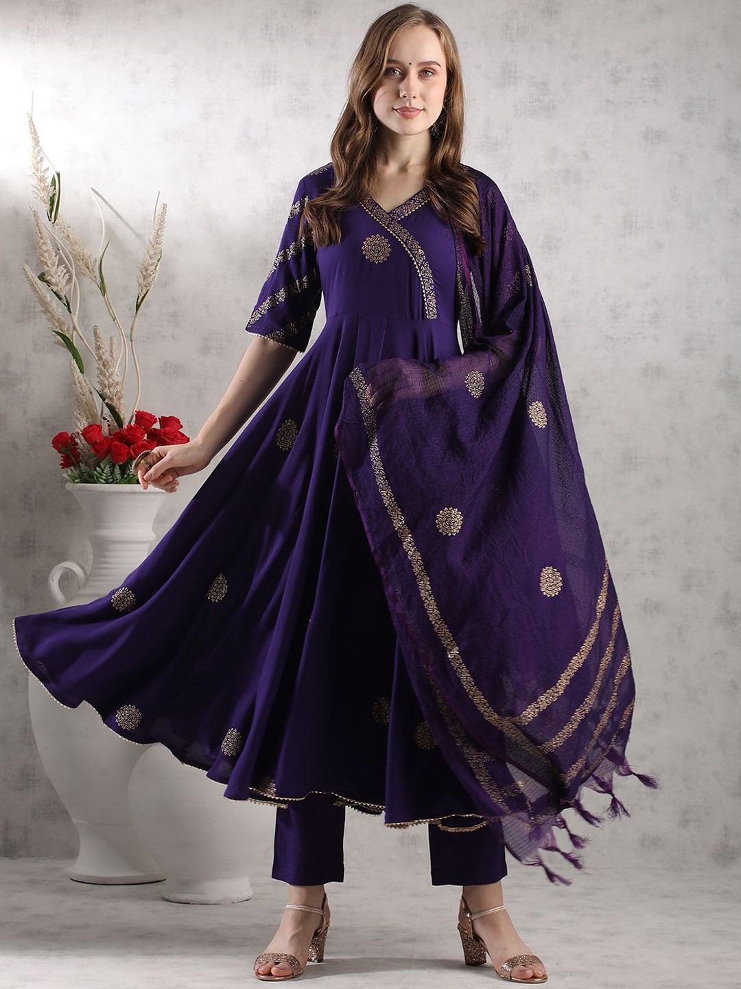 

KALINI Floral Woven Design Gotta Patti Anarkali Kurta With Trousers & Dupatta, Purple