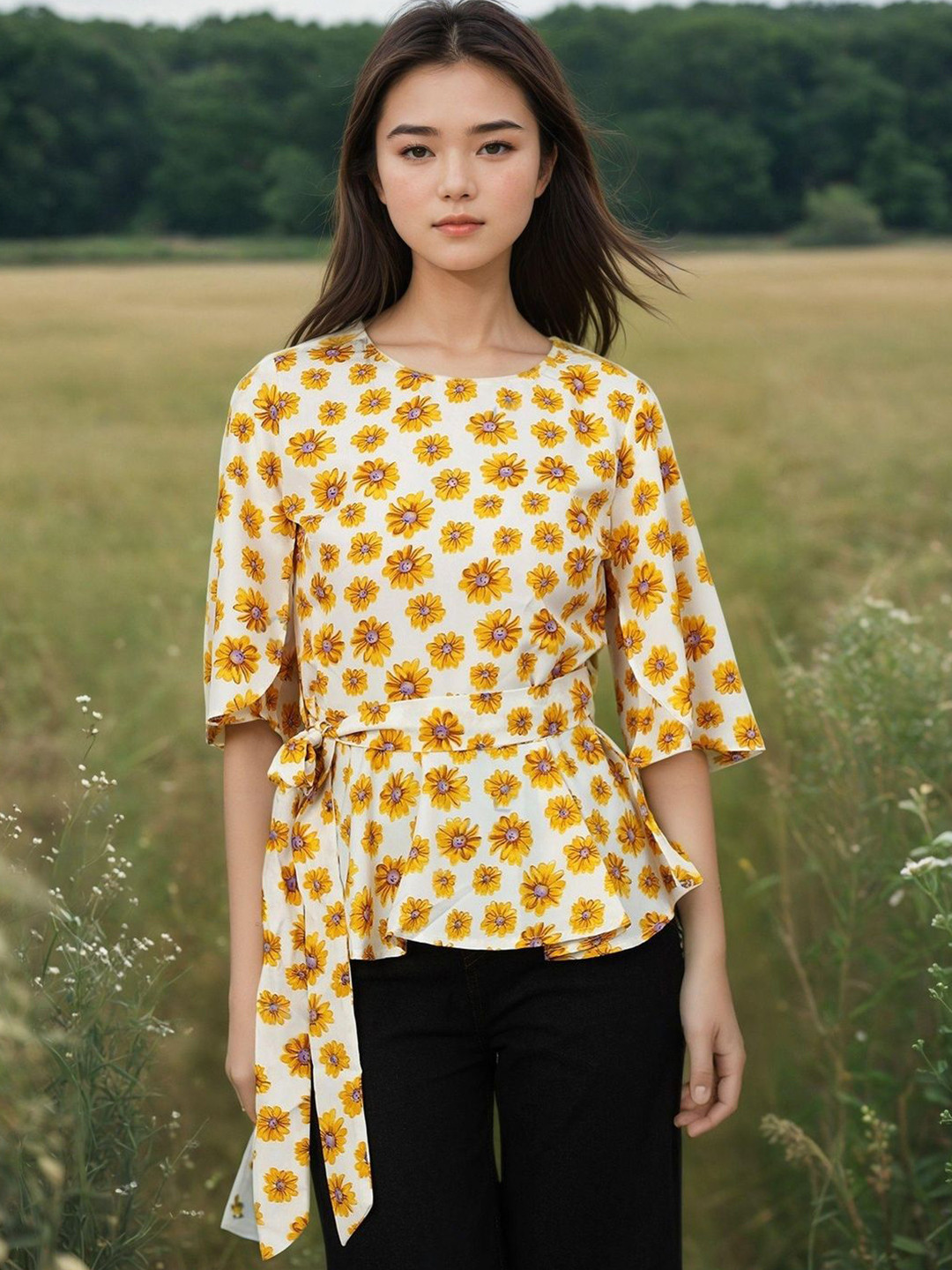 

Kotty Women Floral Printed Flared Sleeve Cinched Waist Top, Yellow