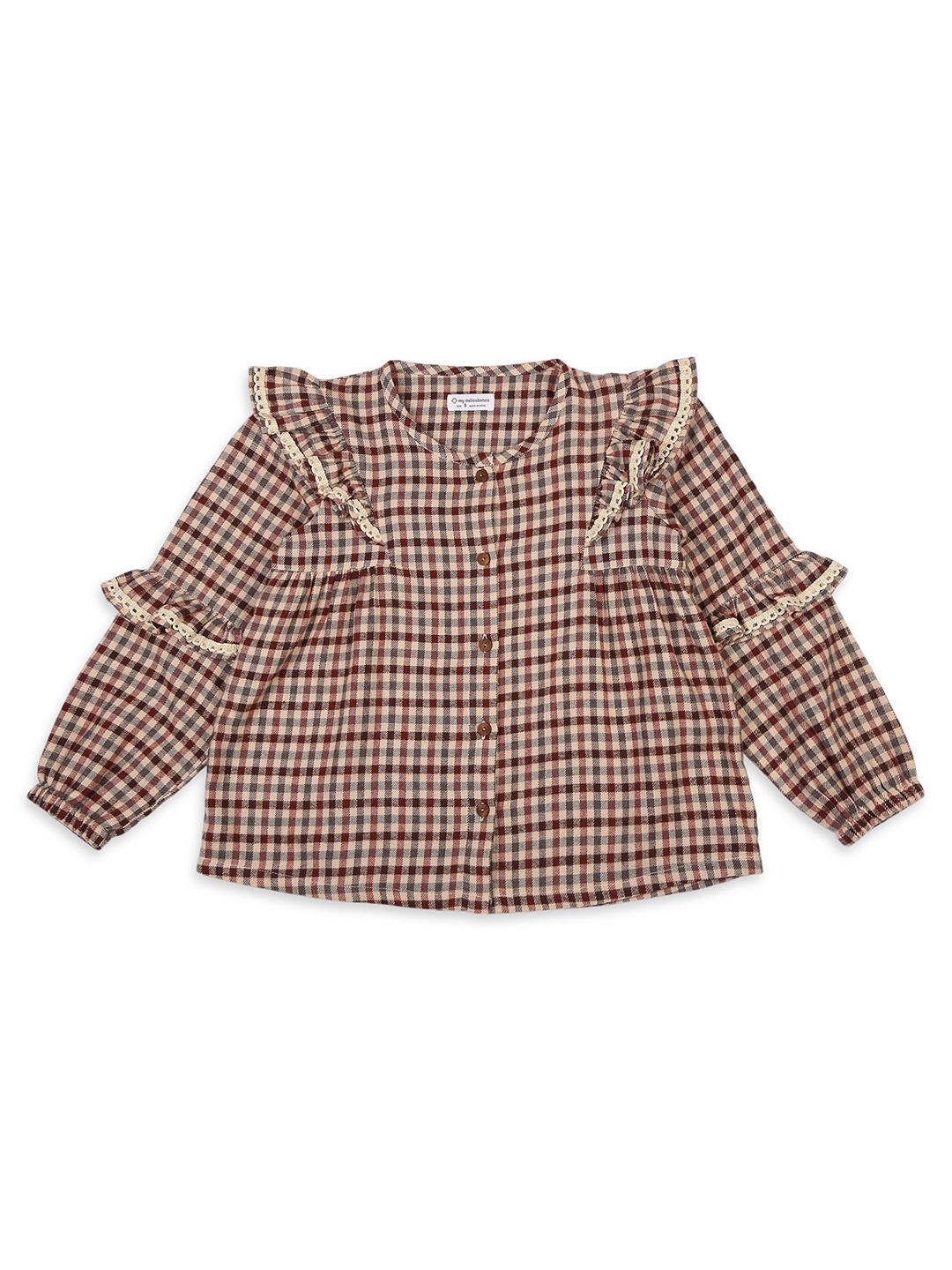

My Milestones Girl's Checked Long Sleeves Ruffles Top, Maroon