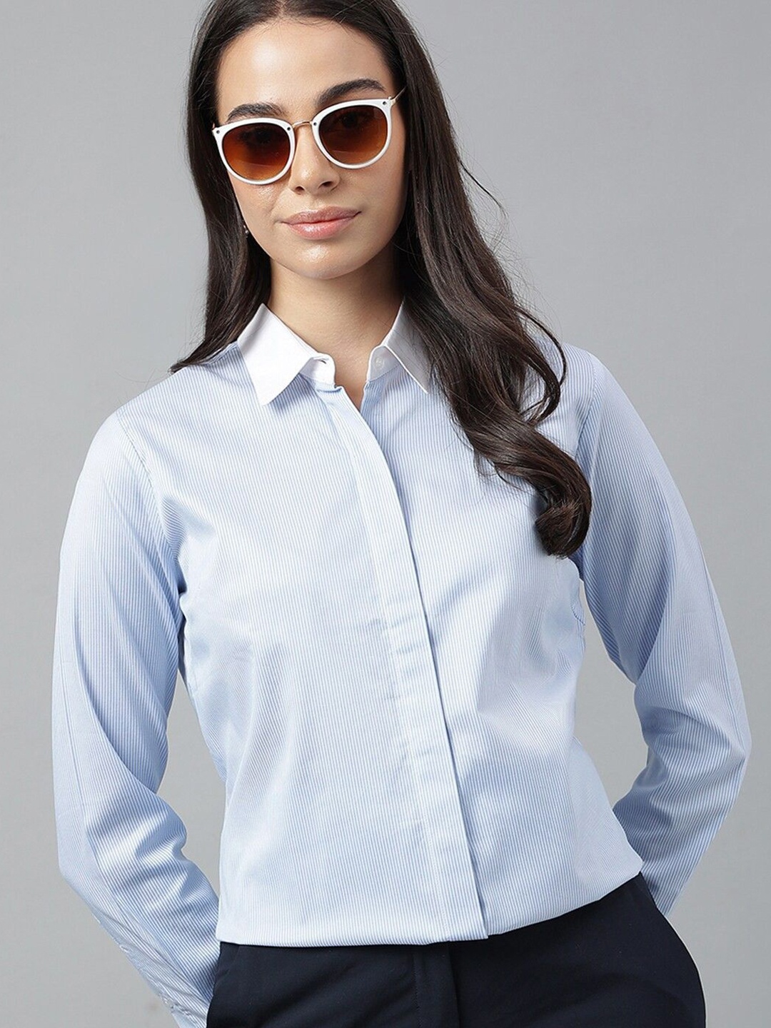 

Hancock Women Relaxed Spread Collar Vertical Striped Cotton Formal Shirt, Blue