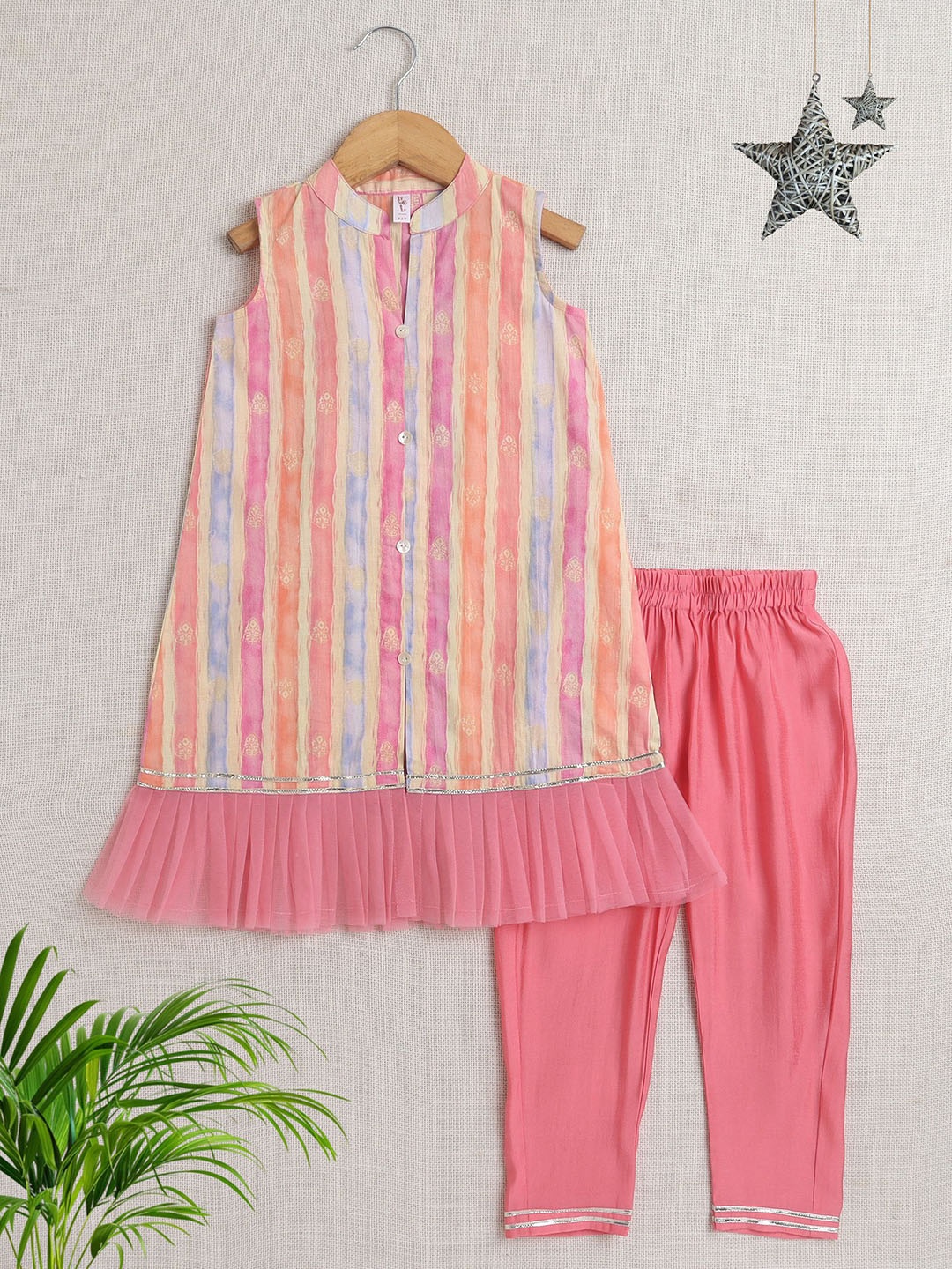 

The Magic Wand Girls Striped Pure Cotton A Line Kurta with Pyjamas, Peach