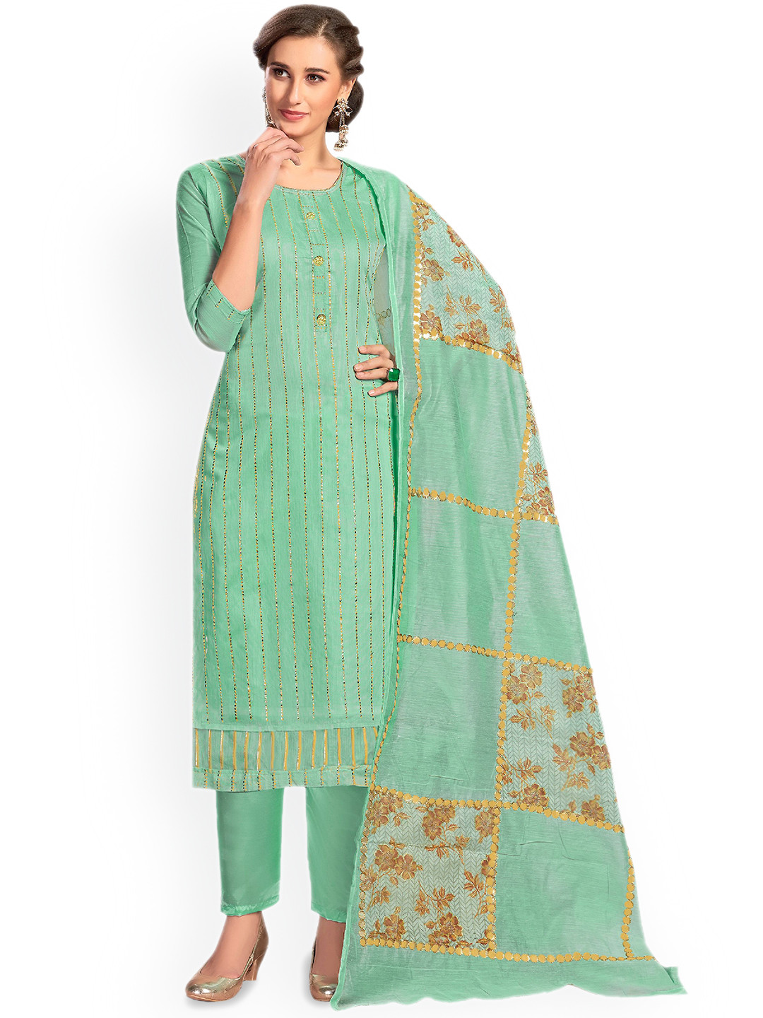 

Maroosh Striped Embroidered SequinnedUnstitched Dress Material, Sea green