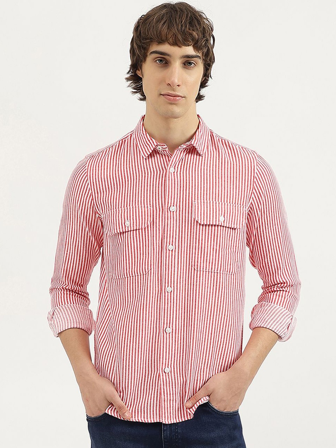 

United Colors of Benetton Men Spread Collar Striped Cotton Casual Shirt, Red