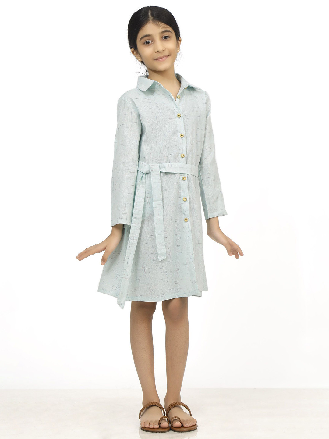 

TJORI Girls Shirt Collar A-Line Cotton Knee Length Dress, Blue
