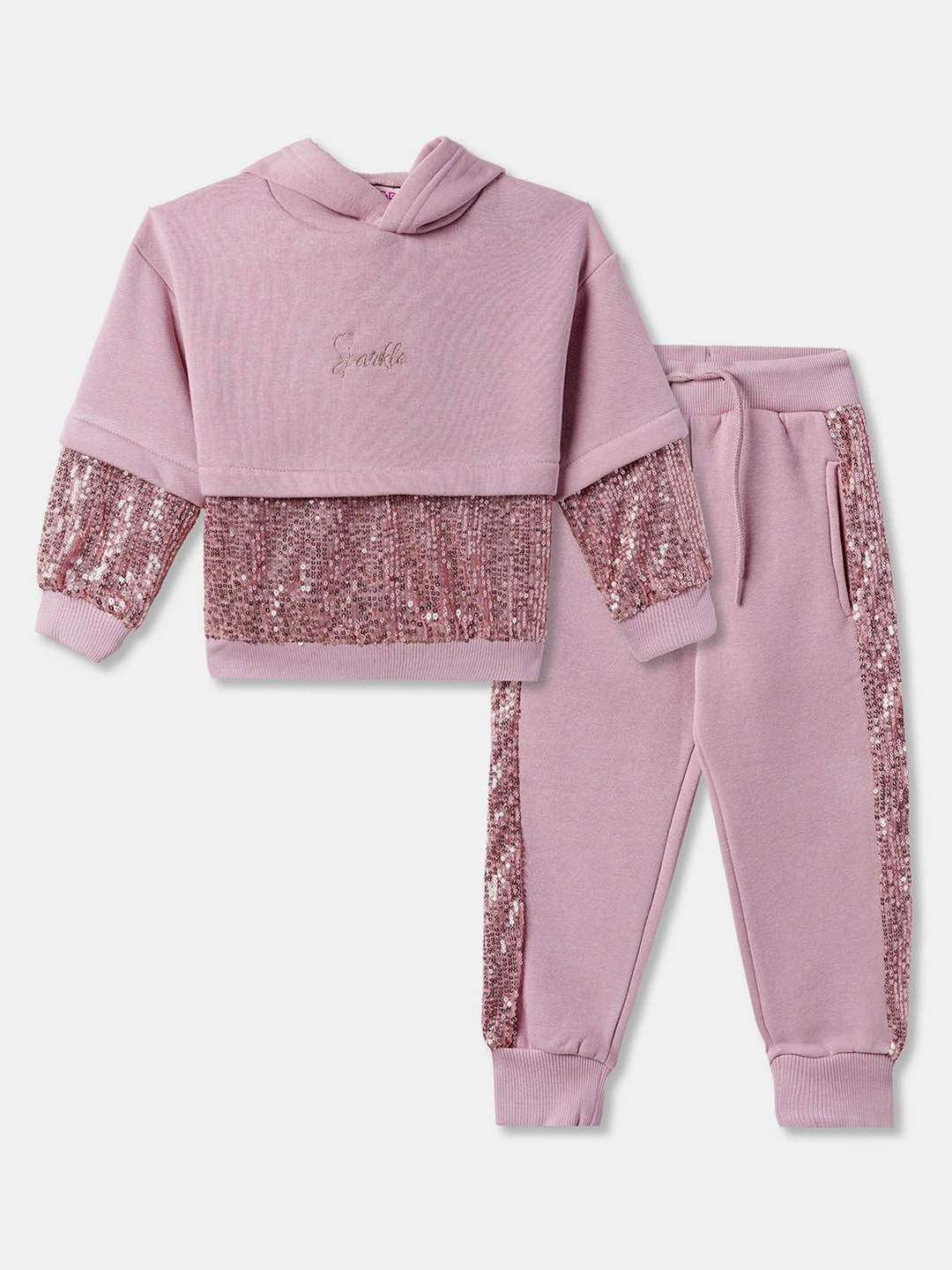 

R&B Girls Embellished Hooded Long Sleeves Sweatshirt With Jogger, Pink