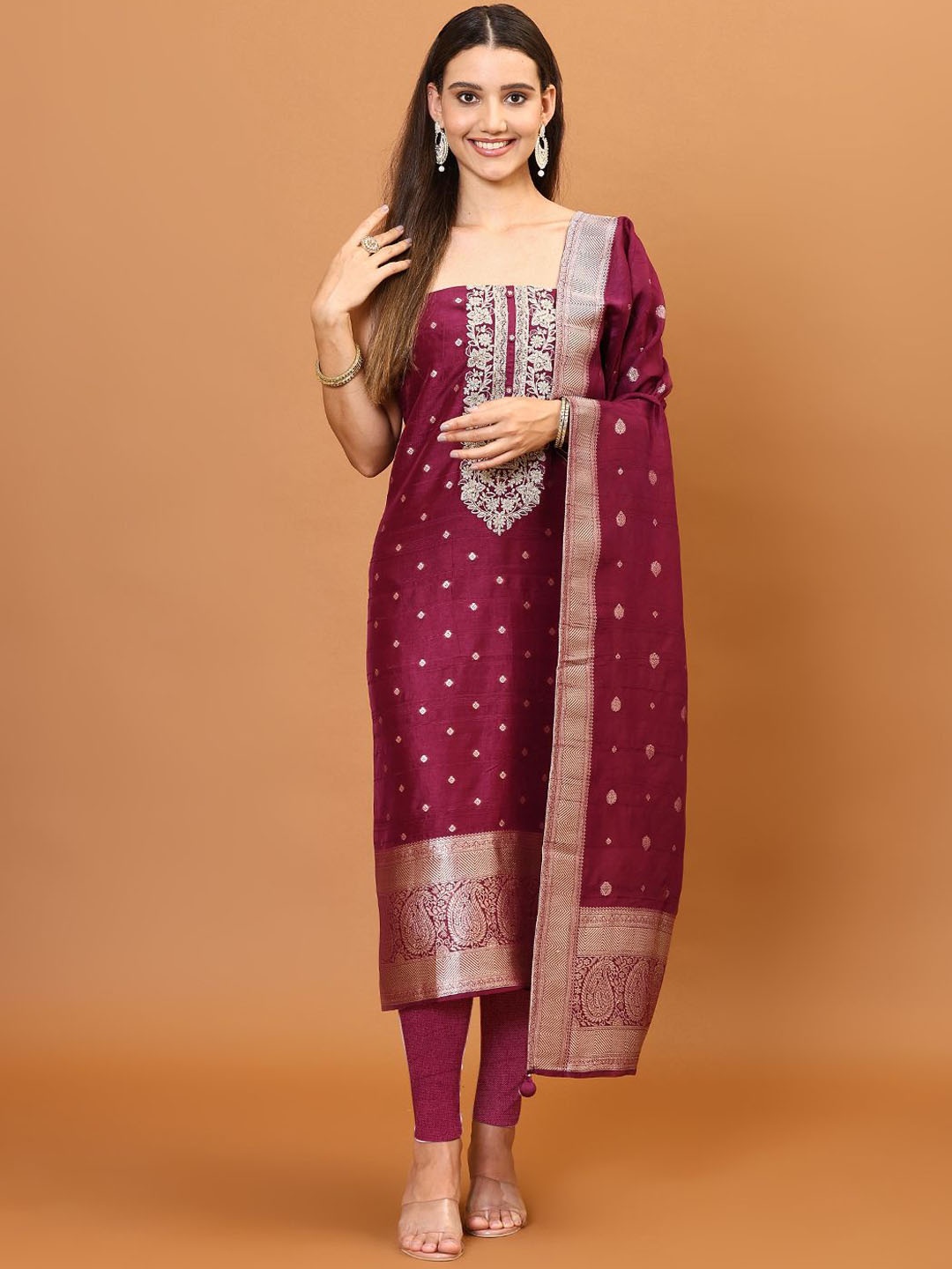 

Meena Bazaar Zari Embroidery & Woven Art Silk Unstitched Dress Material, Burgundy