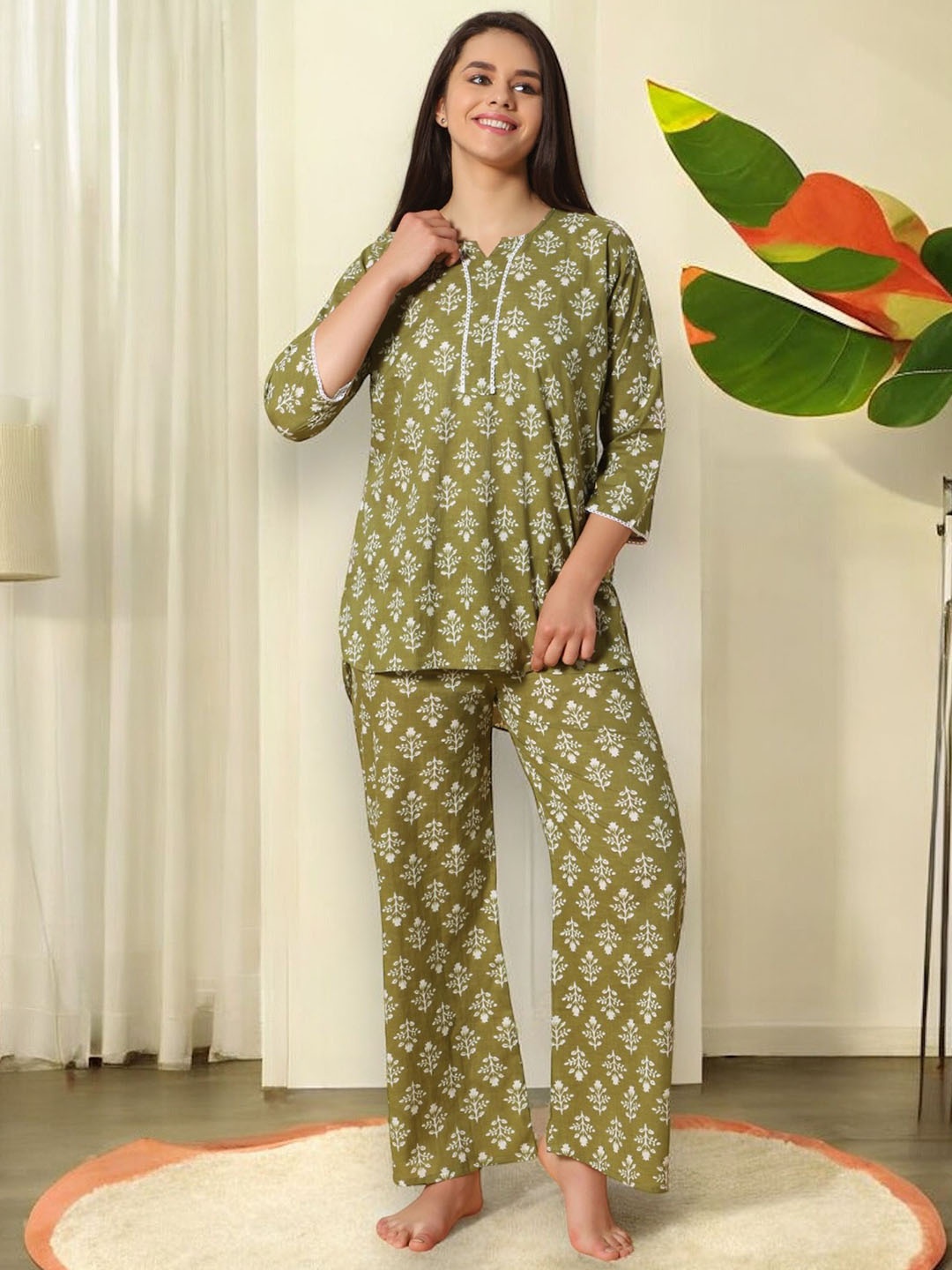 

LacyLook Women Floral Printed Pure Cotton Night suit, Olive