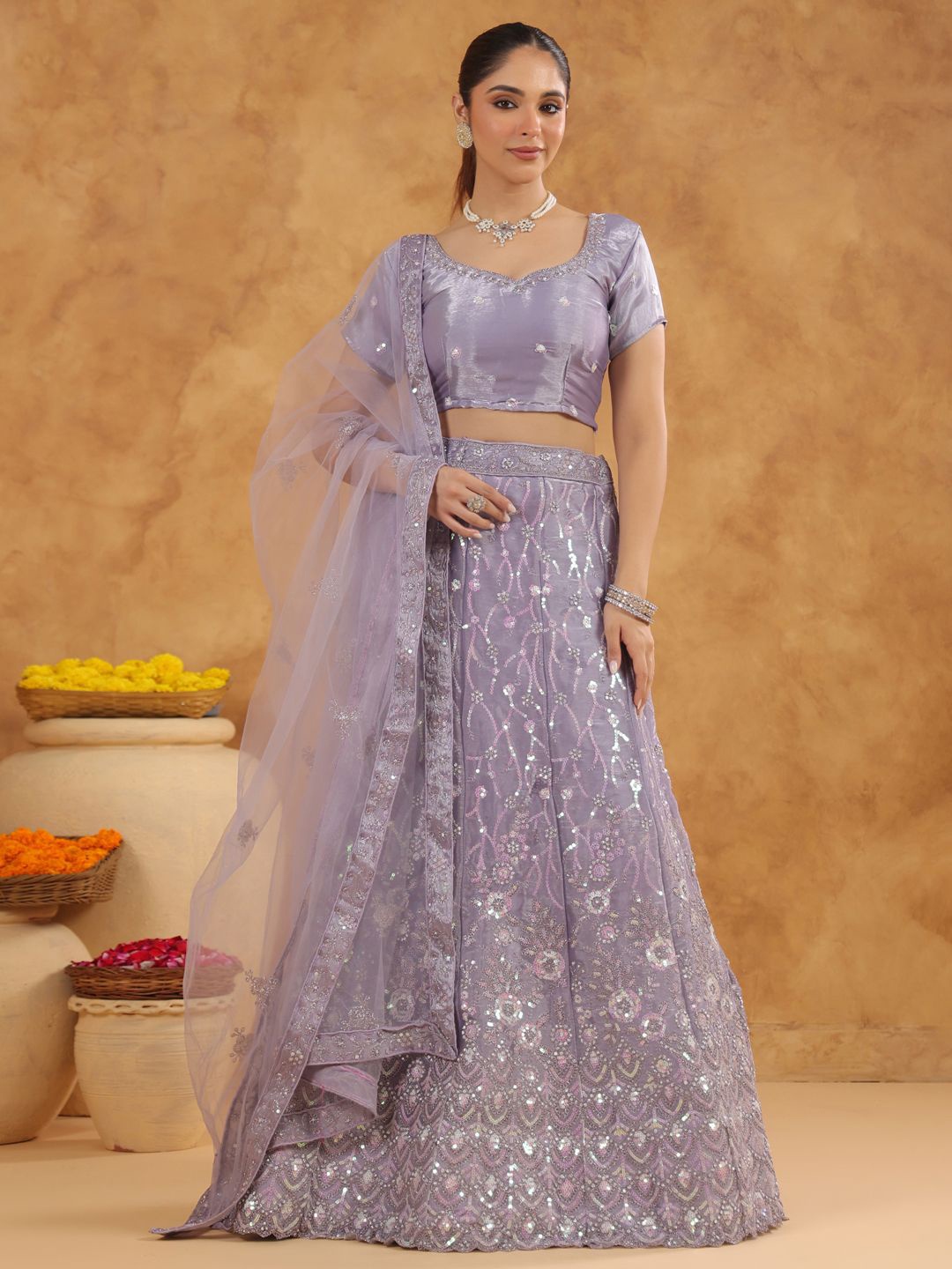 

Janasya Embroidered Sequinned Semi-Stitched Lehenga & Unstitched Blouse With Dupatta, Lavender
