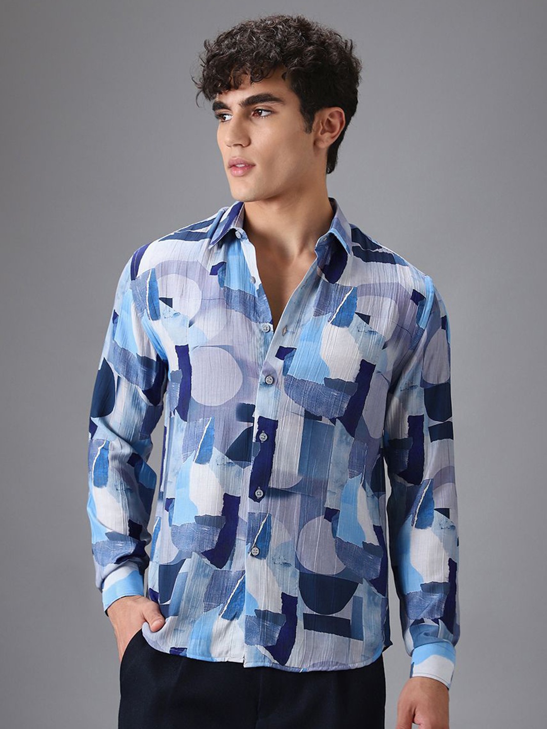 

Banana Club Men Classic Slim Fit Semi Sheer Printed Casual Shirt, Blue