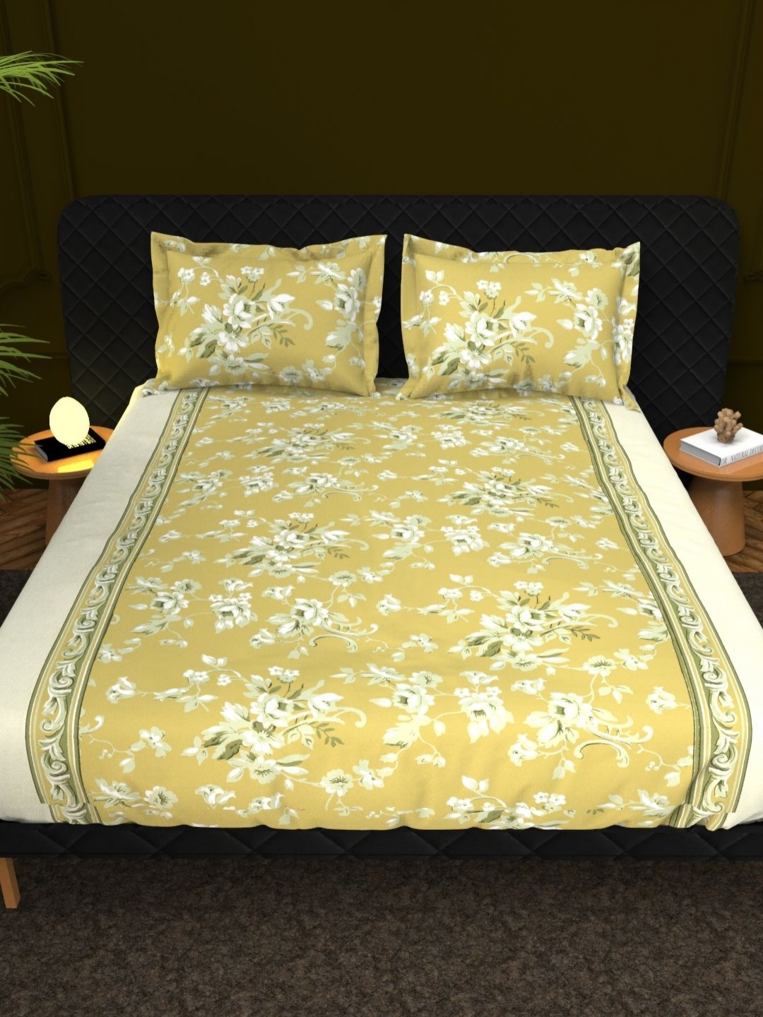 

THE WHITE MOSS Green & White Floral Cotton 210 TC King Bedsheet Set 2.75 m x 2.75 m