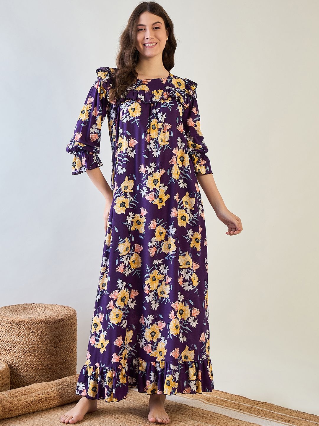 

The Kaftan Company Women Printed Maxi Nightdress, Purple