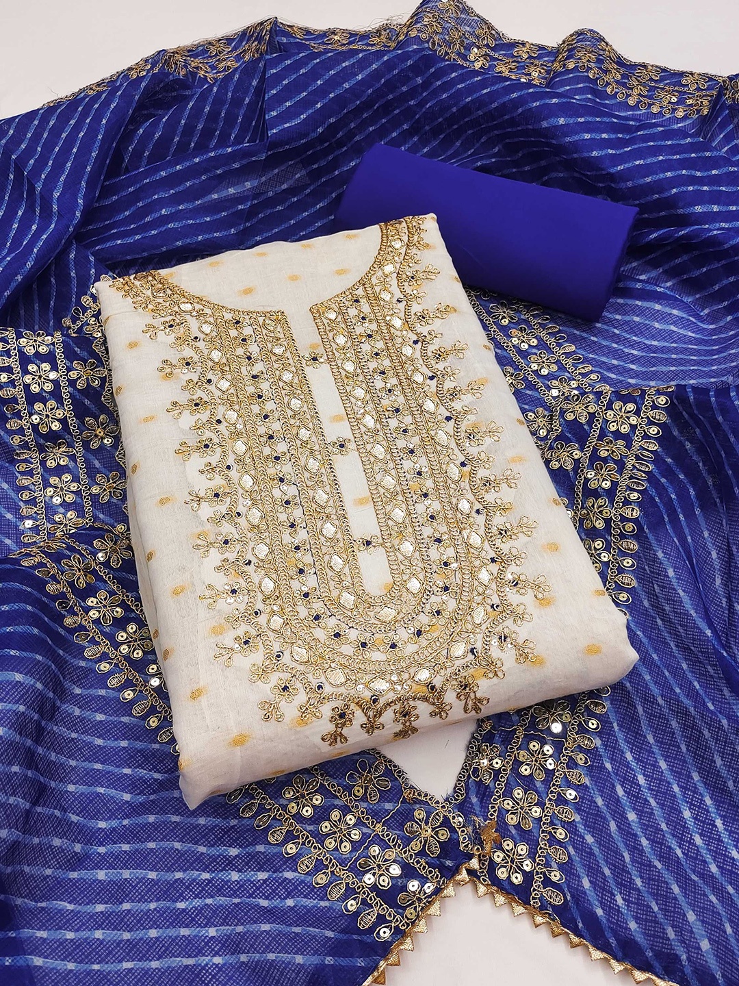 

KALINI Embroidered Zari Unstitched Dress Material, Cream