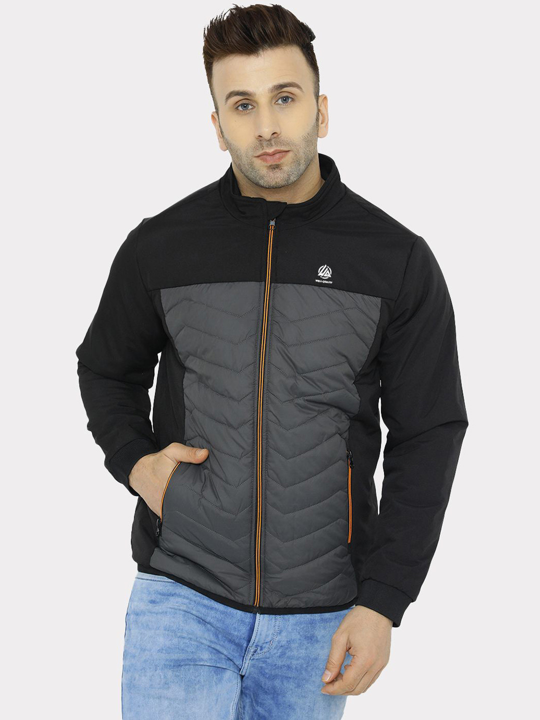 

WELL QUALITY Men Mock Collar Colourblocked Casual Padded Jacket, Black