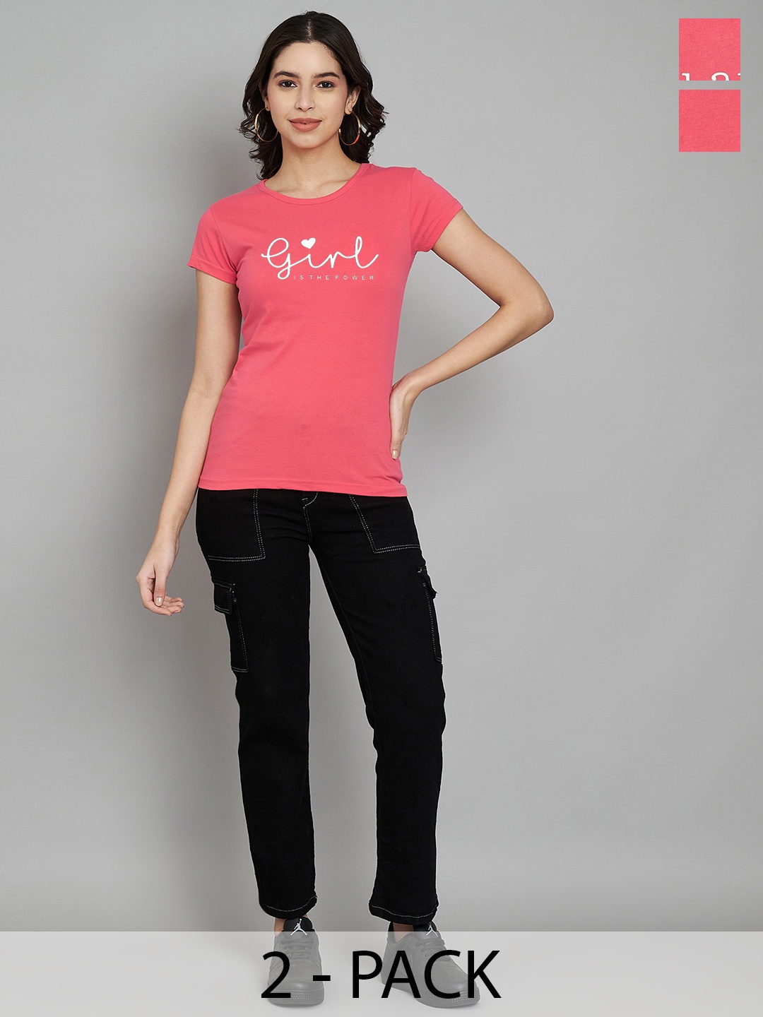 

Trend Level Women Pack Of 2 Typography Printed Round Neck Cotton T-shirts, Coral