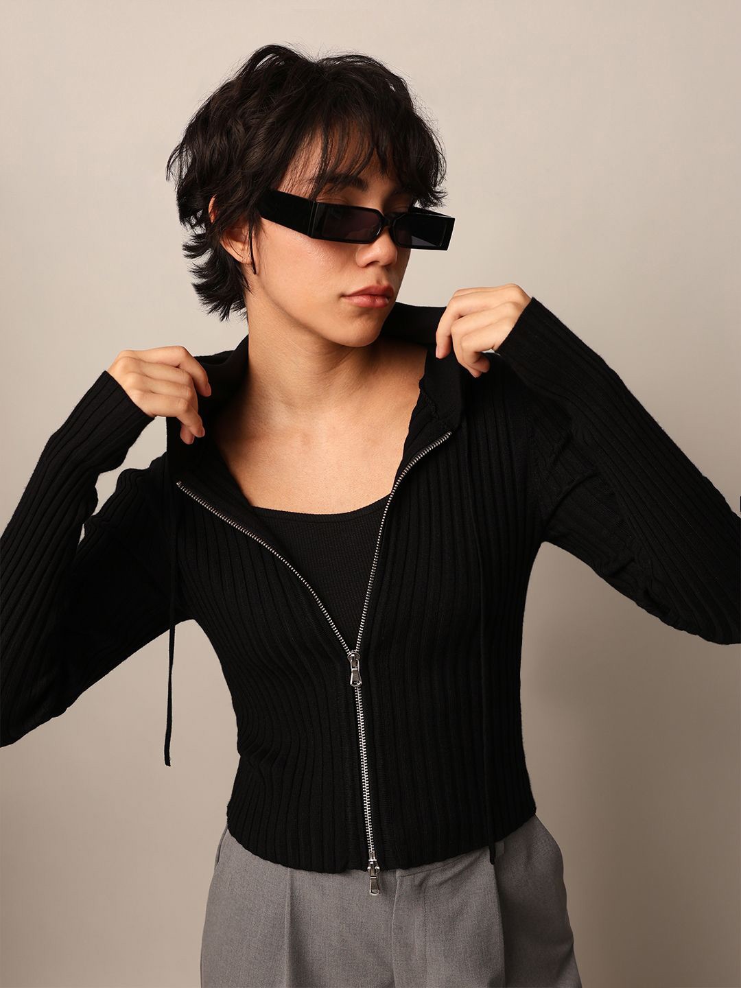 

ONLY Women Striped Crop Cardigan with Zip Detail, Black
