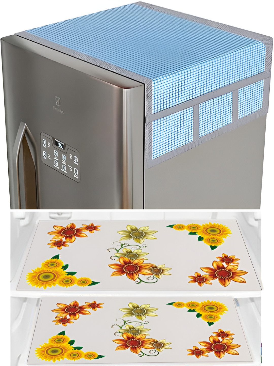 

LooMantha 4-Pcs Blue & Yellow Checked Fridge Covers & Mats