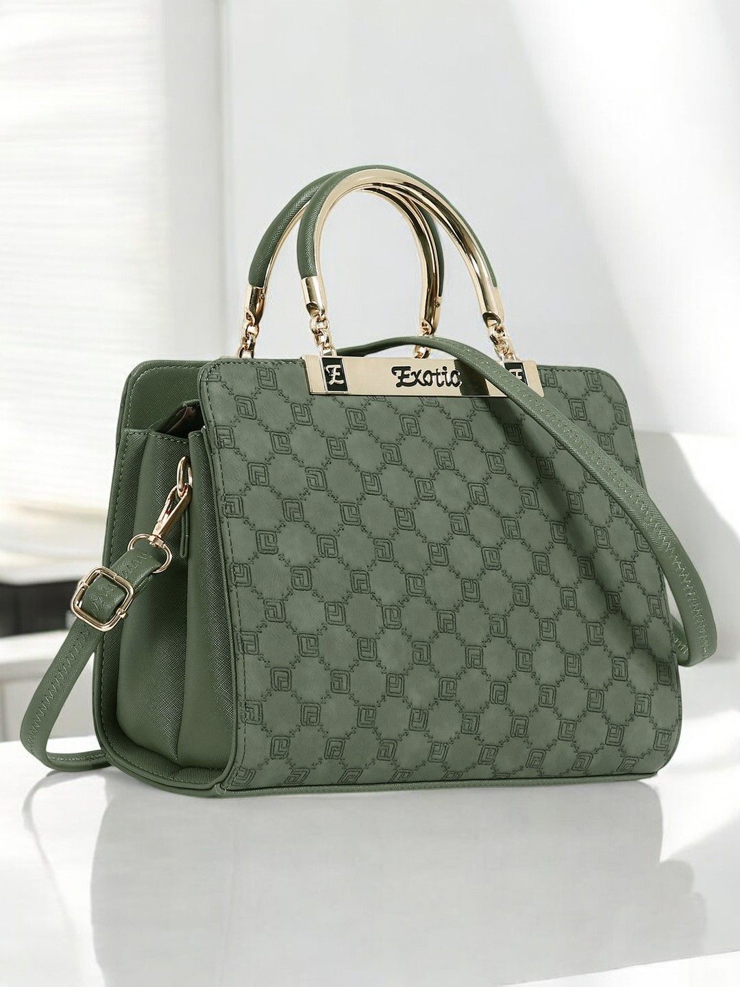 

Exotic Women Brand Logo Printed Structured Handheld Bag, Green