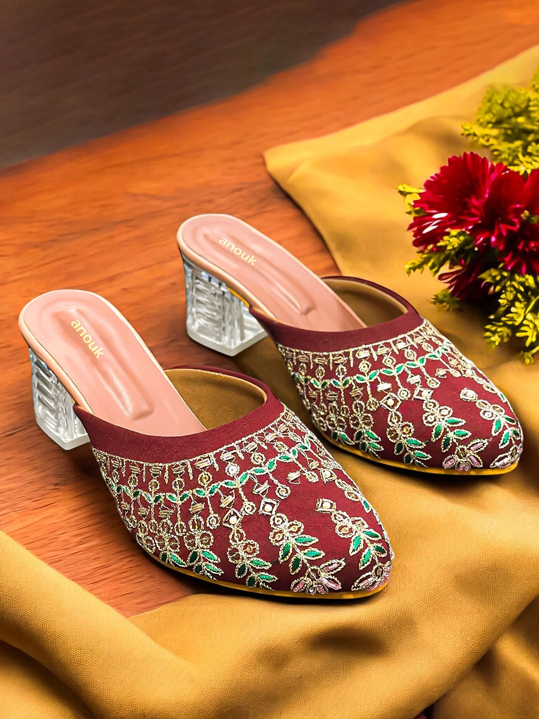 

Anouk Embellished Block Open Back Sandals, Maroon