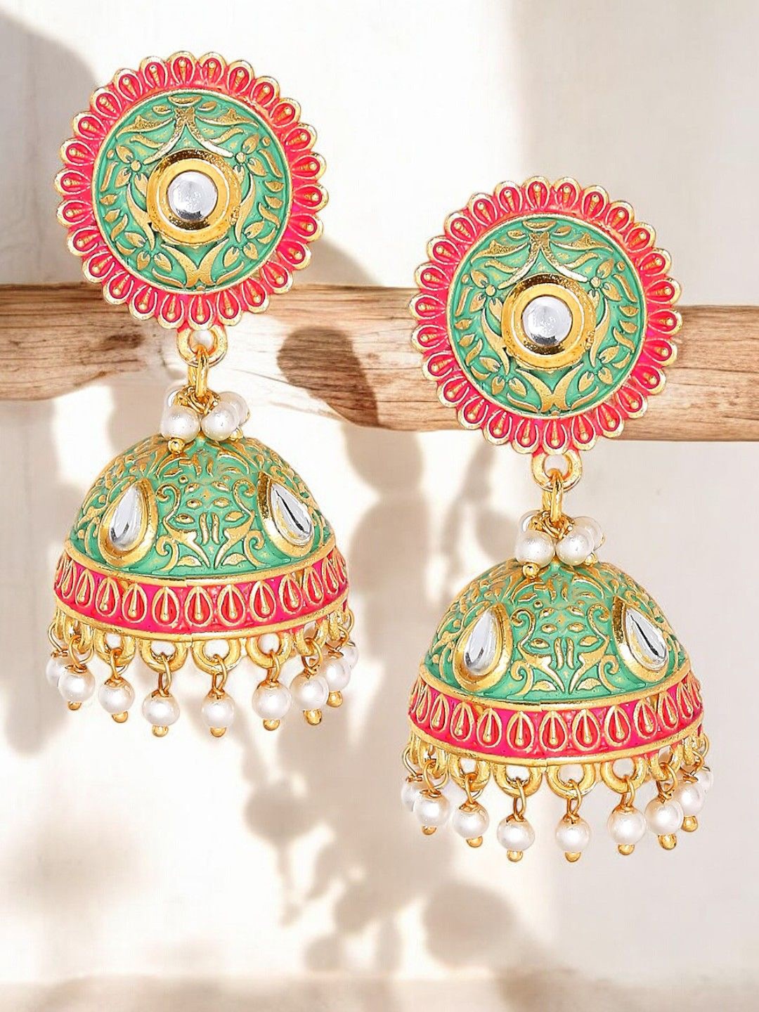 

OOMPH Dome Shaped Kundan Meenakari Jhumkas, Pink