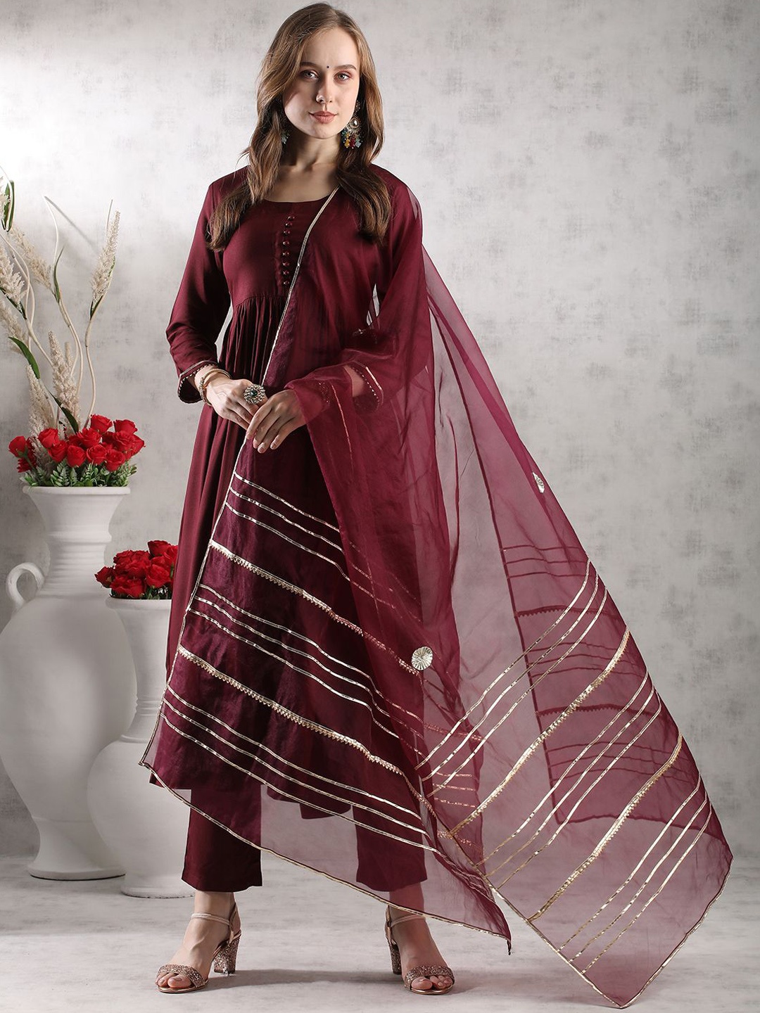 

GoSriKi Solid Round Neck Anarkali Kurta with Trouser & Dupatta, Maroon