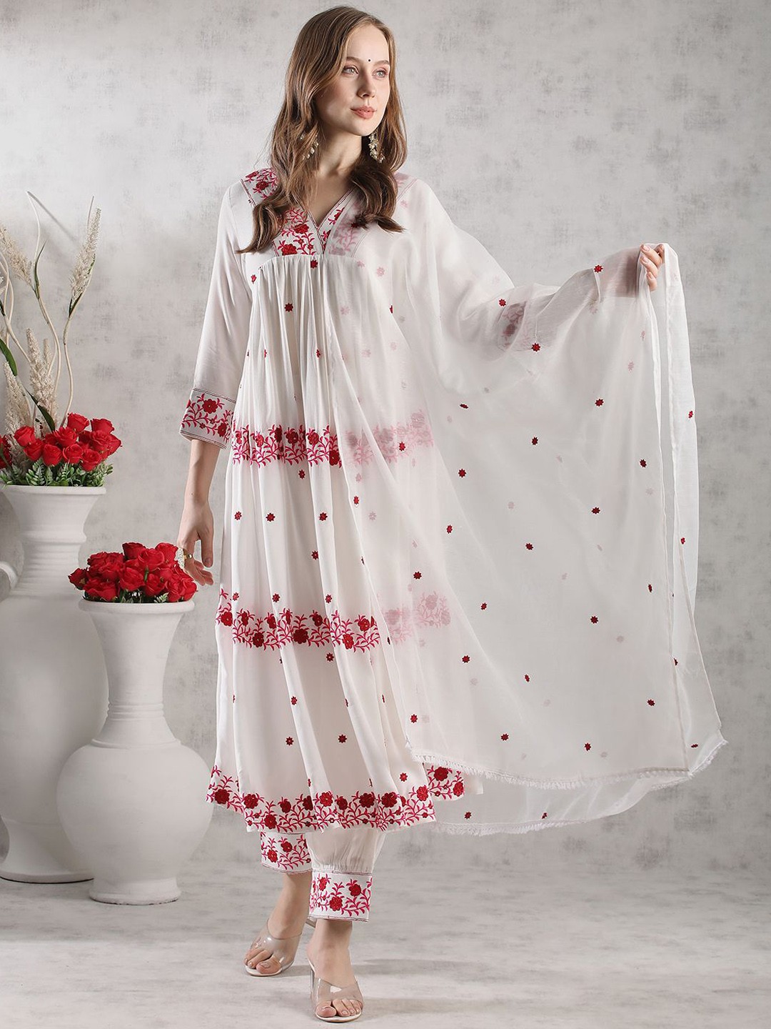 

Anni Designer Floral Embroidered Regular Anarkali Kurta with Harem Pants & Dupatta, White