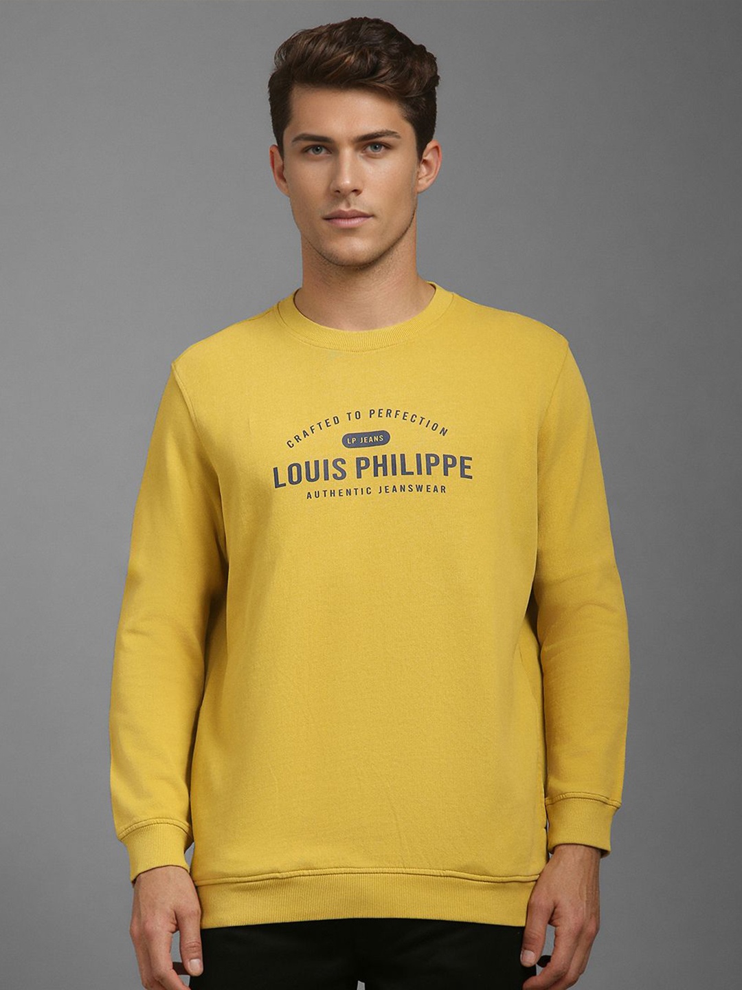

Louis Philippe Jeans Men Yellow Printed Round Neck Long Sleeves Cotton Sweatshirt