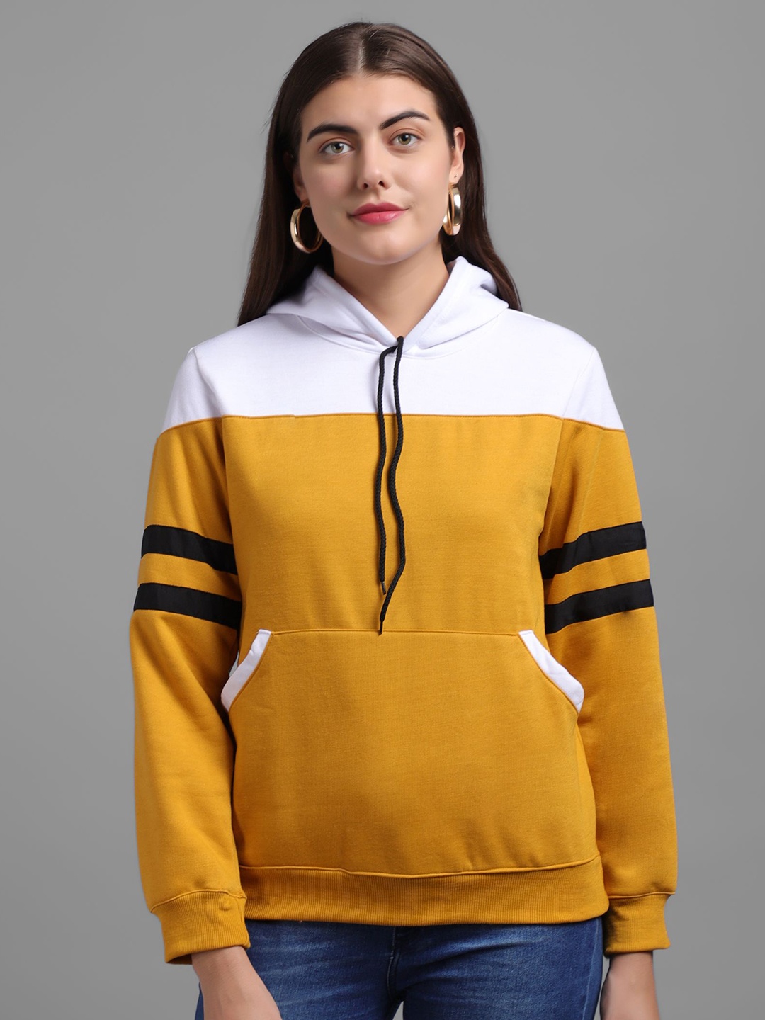 

Raabta Fashion Women Colourblocked Hooded Pullover Sweatshirt, Yellow