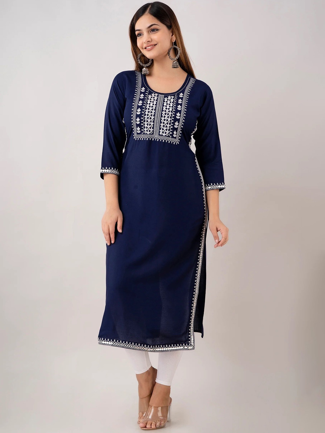 

zeenat libas Floral Embroidered Straight Kurta, Navy blue