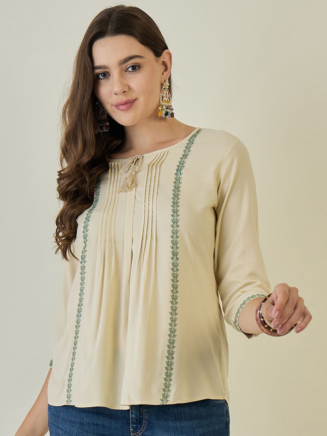 

Anouk Women Beige Modal Tie-Up Neck Top