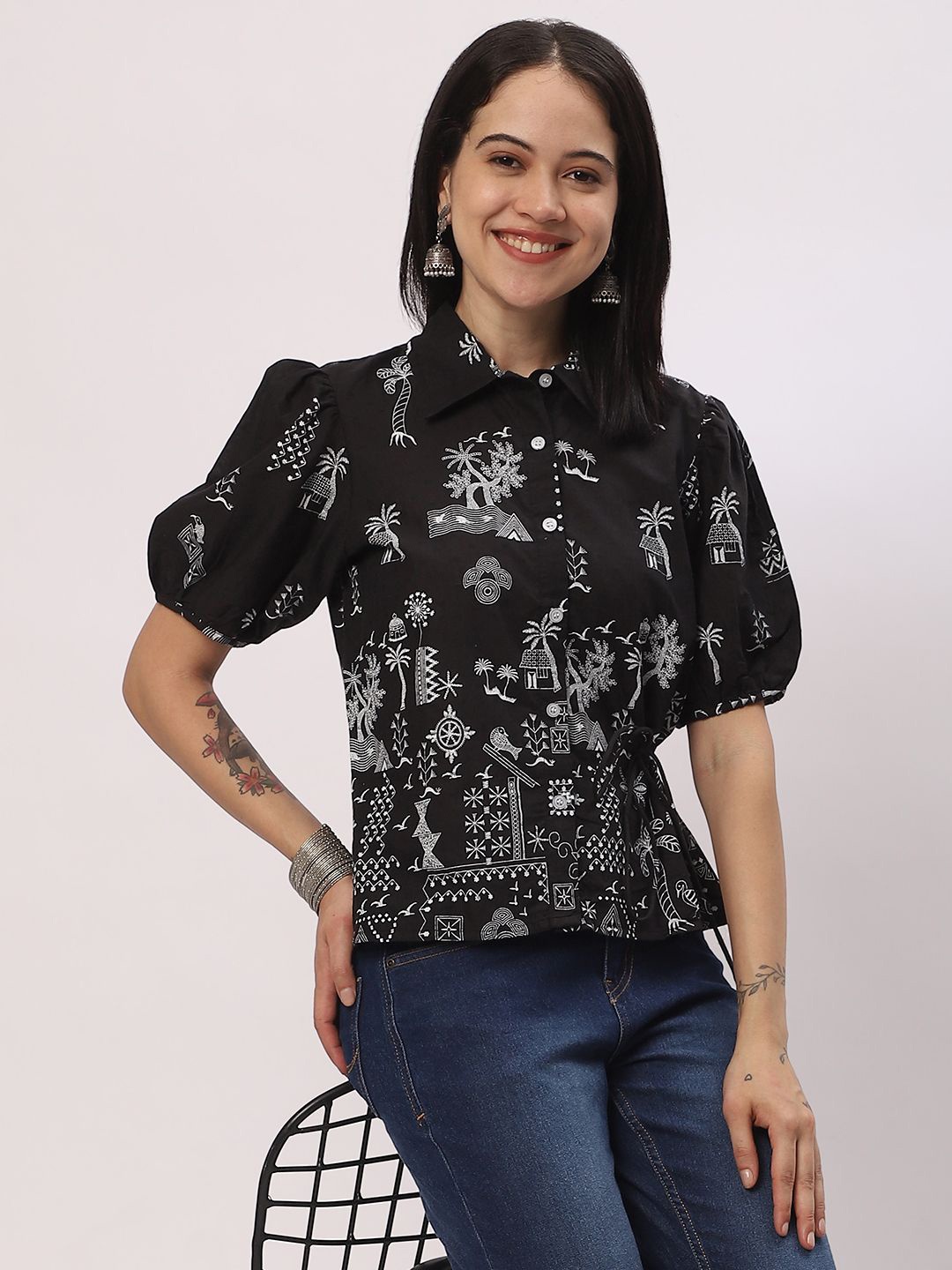 

R&B Women Printed Cotton Shirt Style Top, Black
