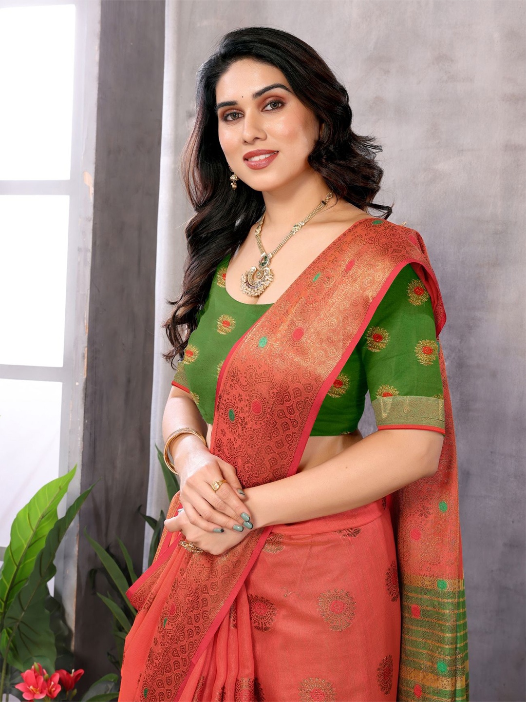 

vj fashion Floral Woven Design Zari Saree, Orange
