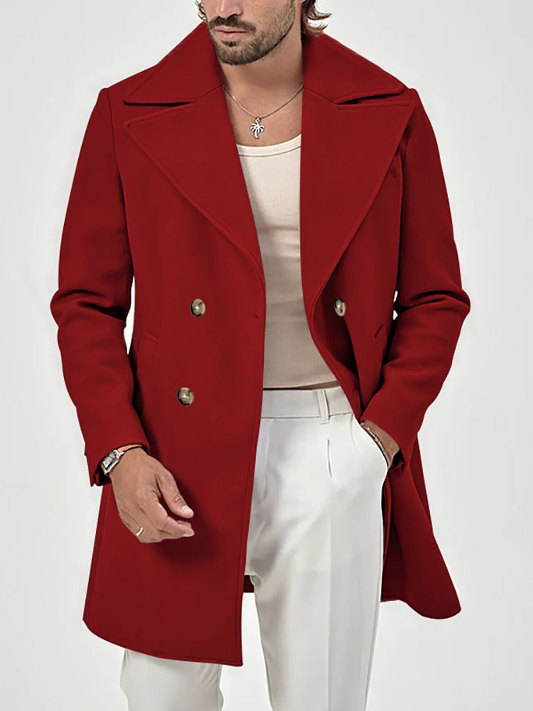 

StyleCast x Revolte Men Mandarin Collar Long Sleeves Overcoat, Maroon