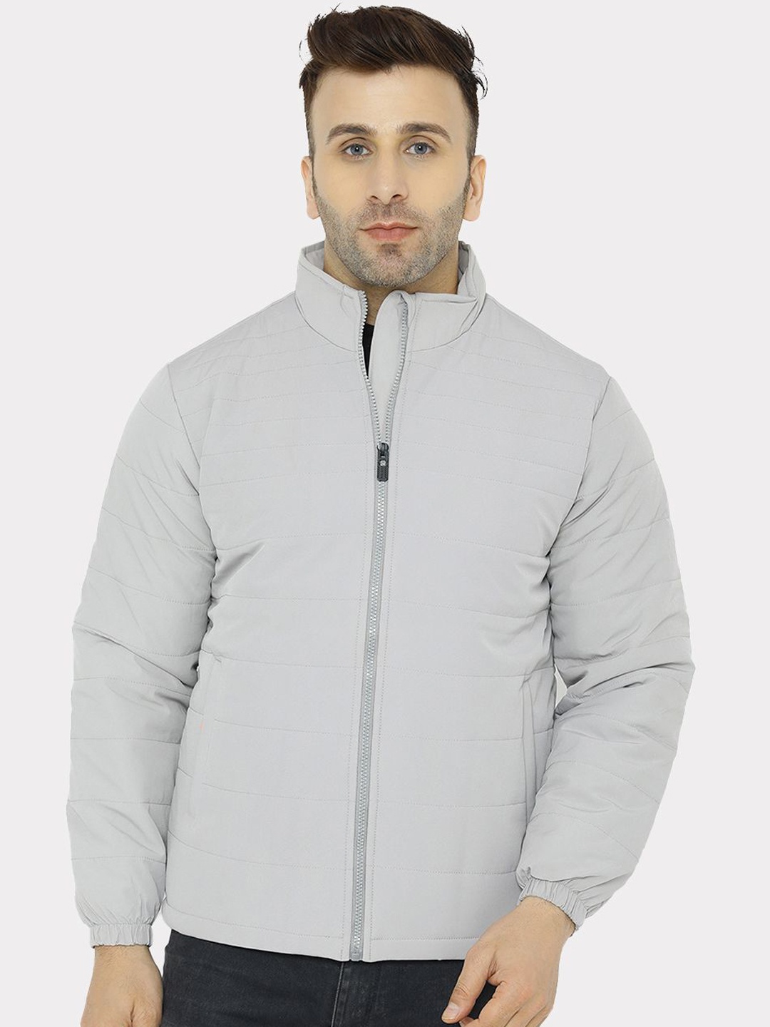 

WELL QUALITY Men Mock Collar Solid Casual Padded Jacket, Grey