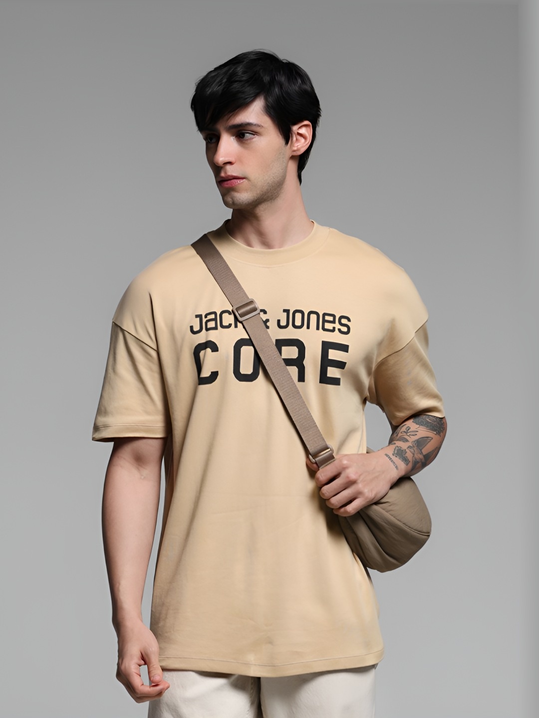 

Jack & Jones Men Typography Printed Round Neck Cotton Oversized T-shirt, Beige