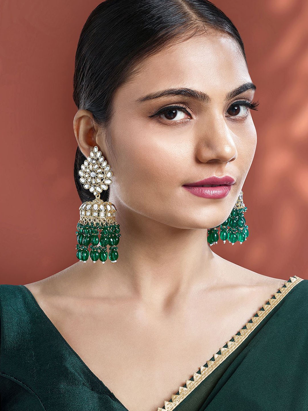 

Peora Gold-Plated Kundan Studded Dome Shaped Jhumkas, Green