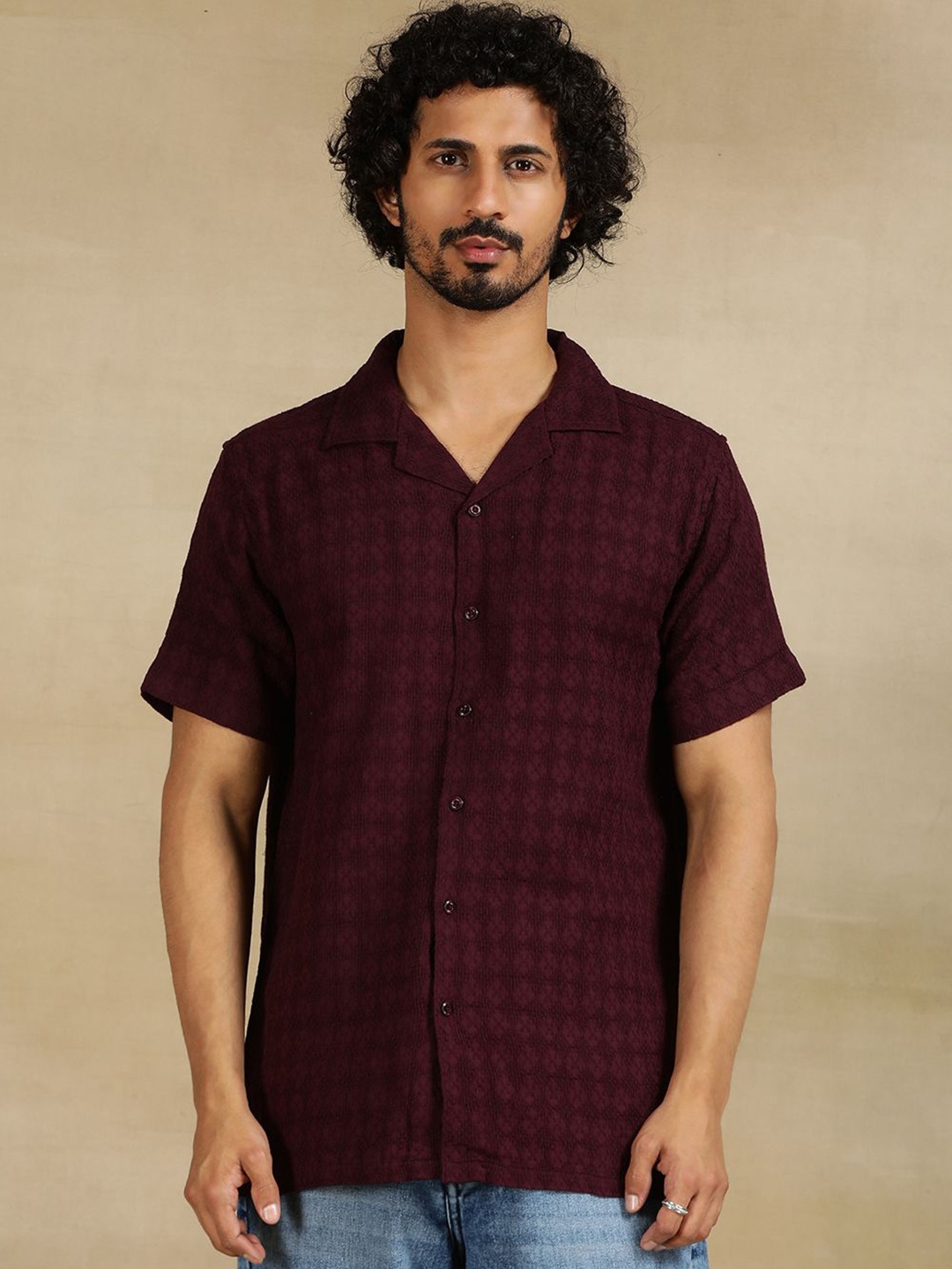 

JADE BLUE Men Cuban Collar Textured Cotton Slim Fit Casual Shirt, Burgundy