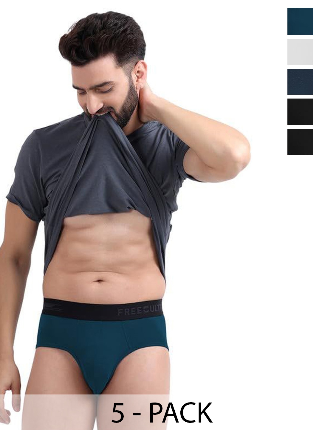 

FREECULTR Men Pack Of 5 Anti Bacterial Micromodal Basic Briefs FCP-XT-B-AG-CW-MB-PB-POB-L, Black