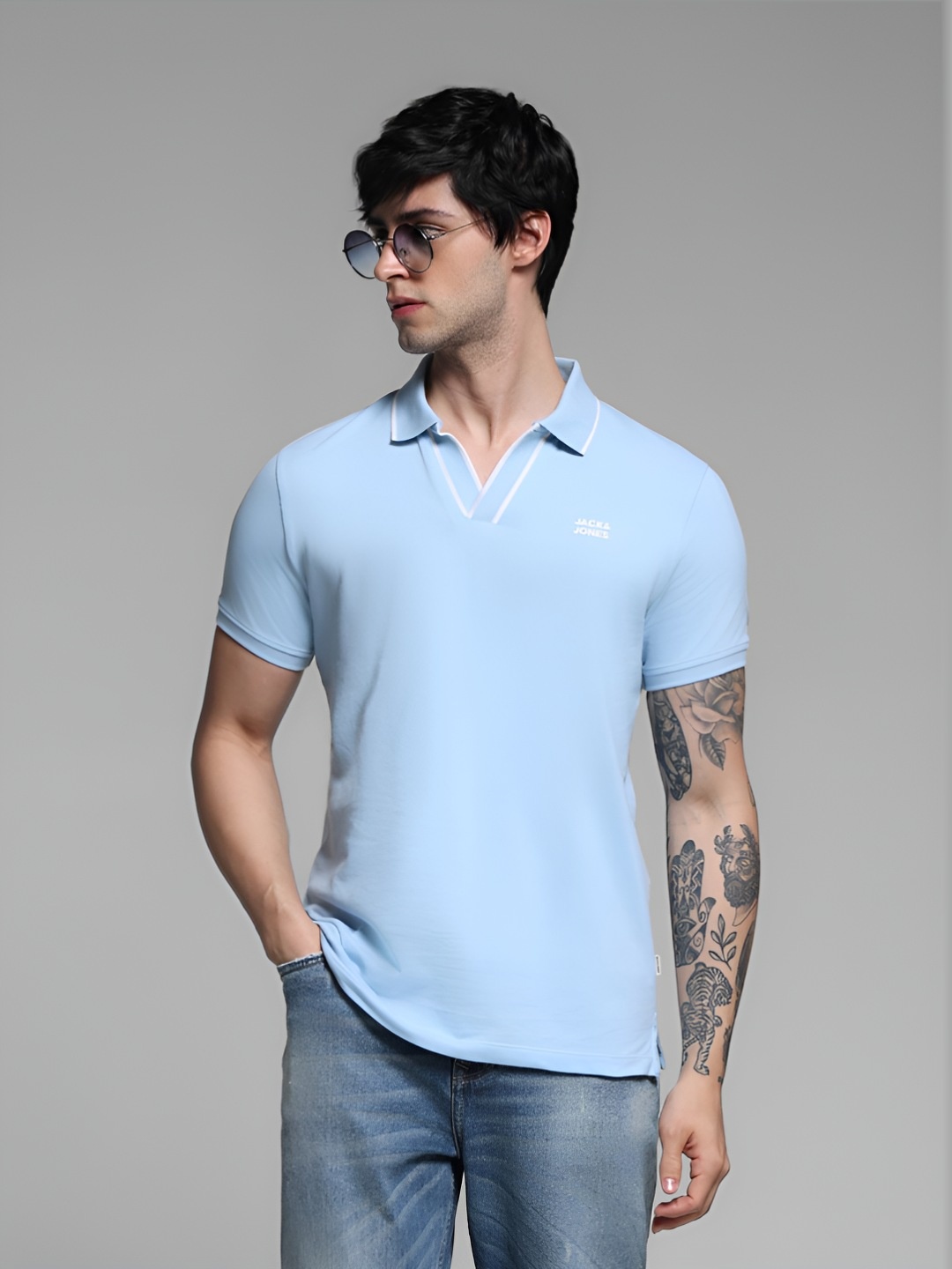 

Jack & Jones Men Solid Polo Collar Cotton Slim Fit T-shirt, Blue