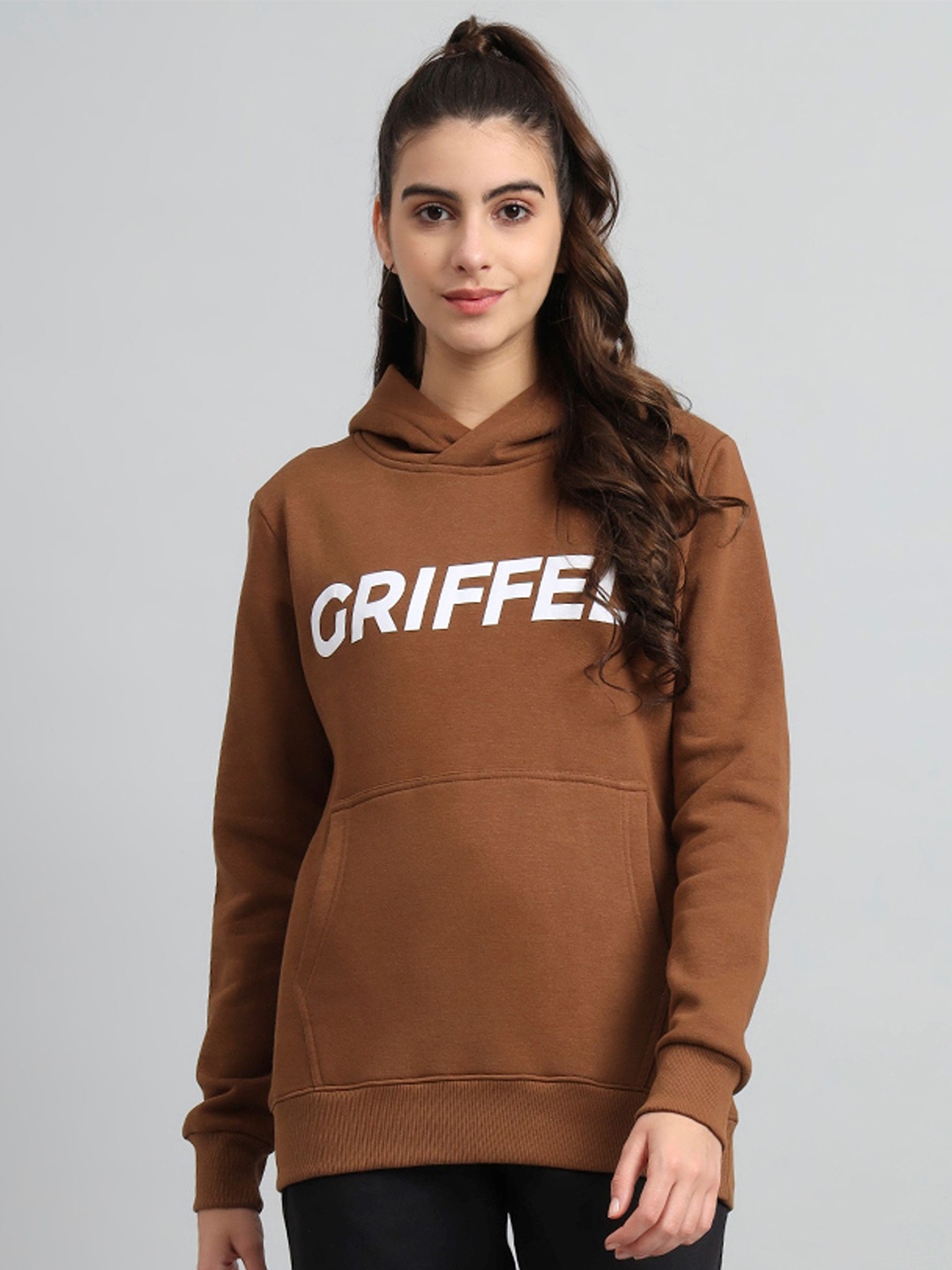 

GRIFFEL Women Typography Printed Hooded Casual Sweatshirt, Brown