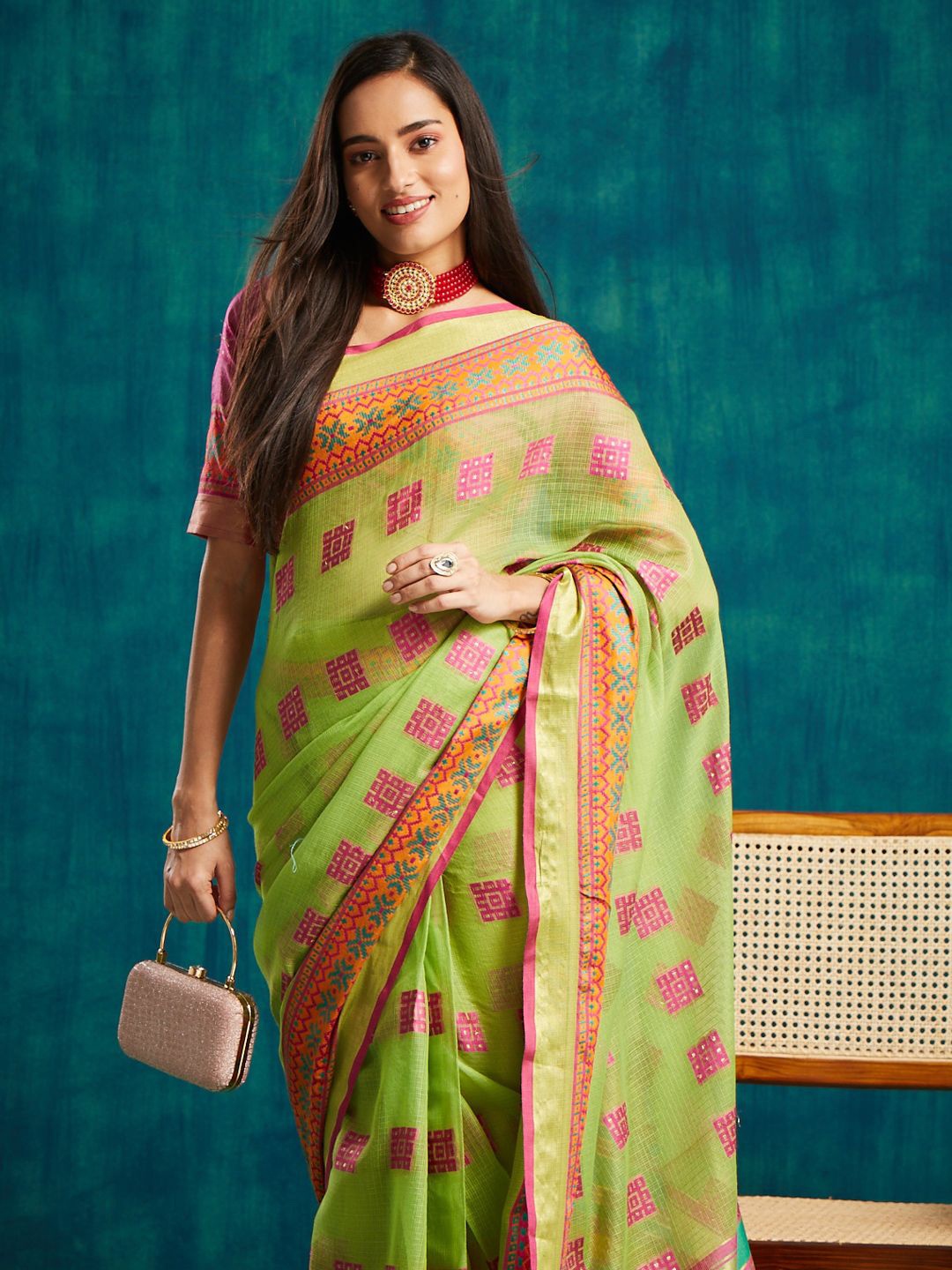 

RACHNA Woven Design Dharmavaram Saree, Green