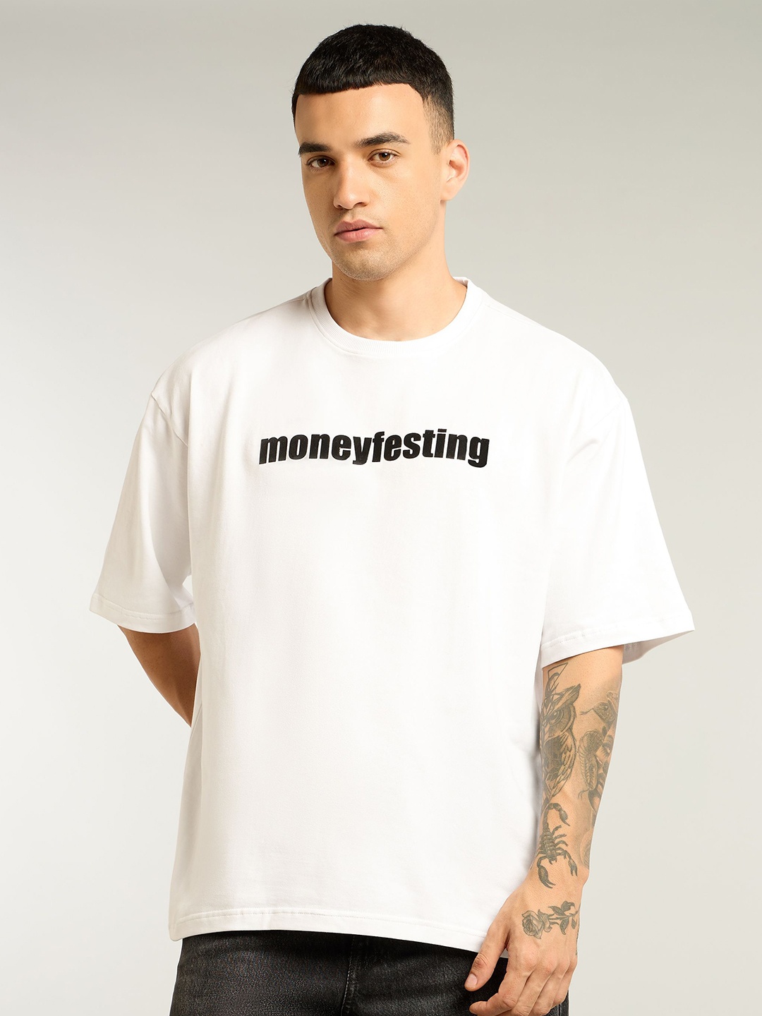 

Beyoung Men Typography Printed Round Neck Cotton Oversized T-shirt, White