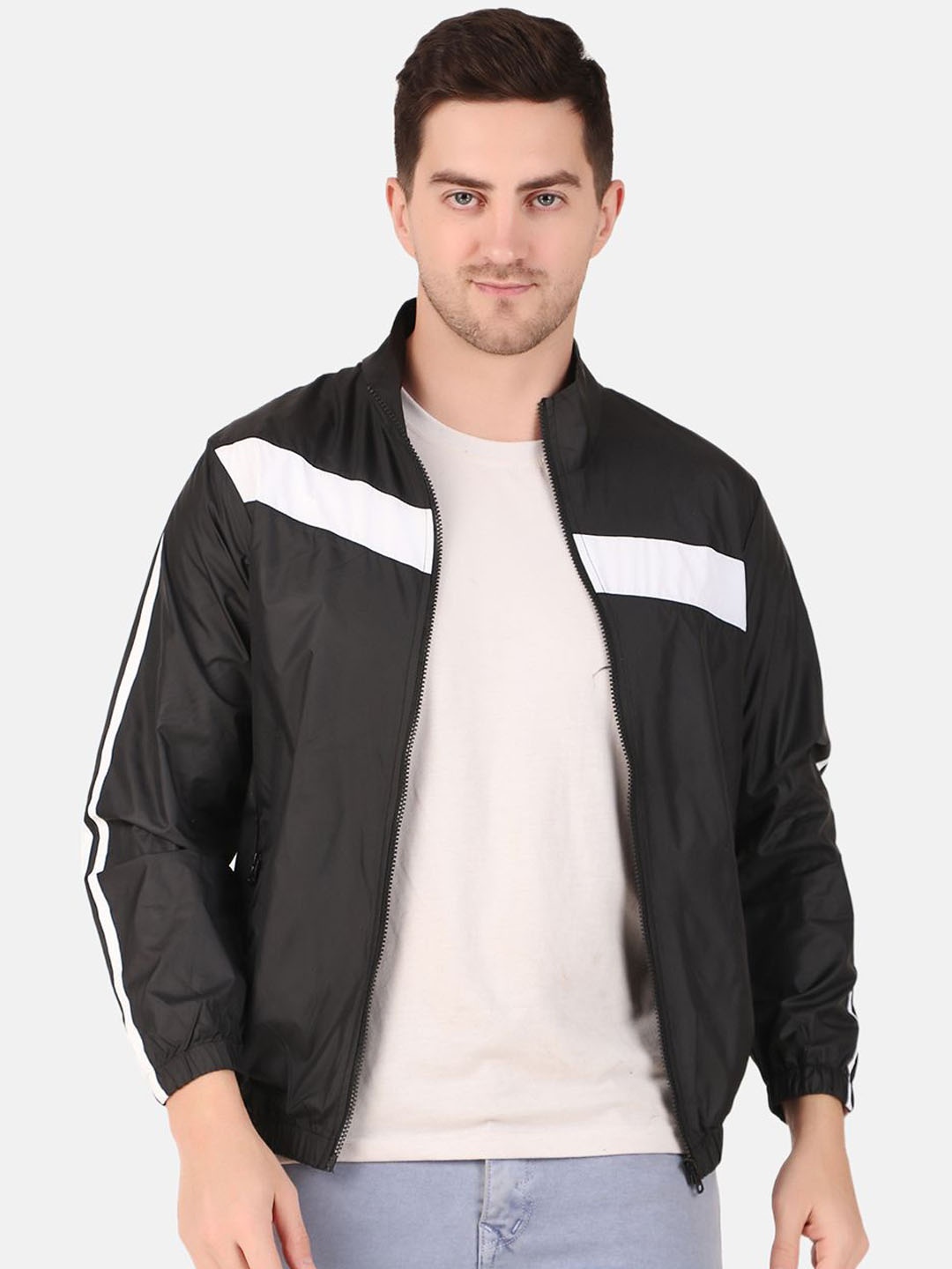 

WELL QUALITY Men Mock Collar Striped Casual Bomber Jacket, Black