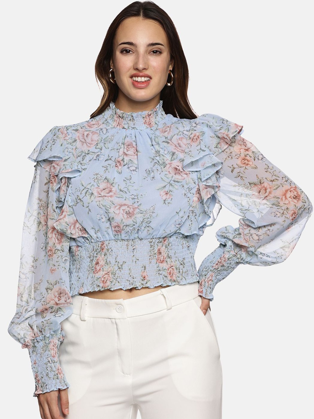 

ISU Women Floral Printed Cinched Waist Top, Blue